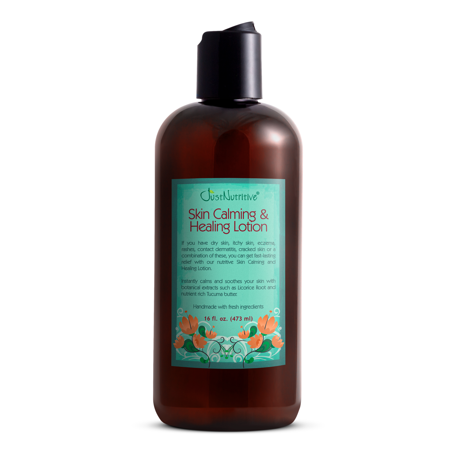 Brown bottle of Skin Calming & Healing Lotion with a green label on a white background