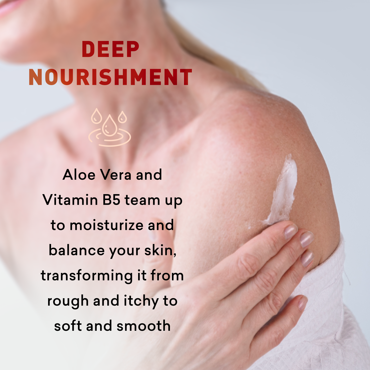 Person applying aloe vera cream to their shoulder with text about deep nourishment.