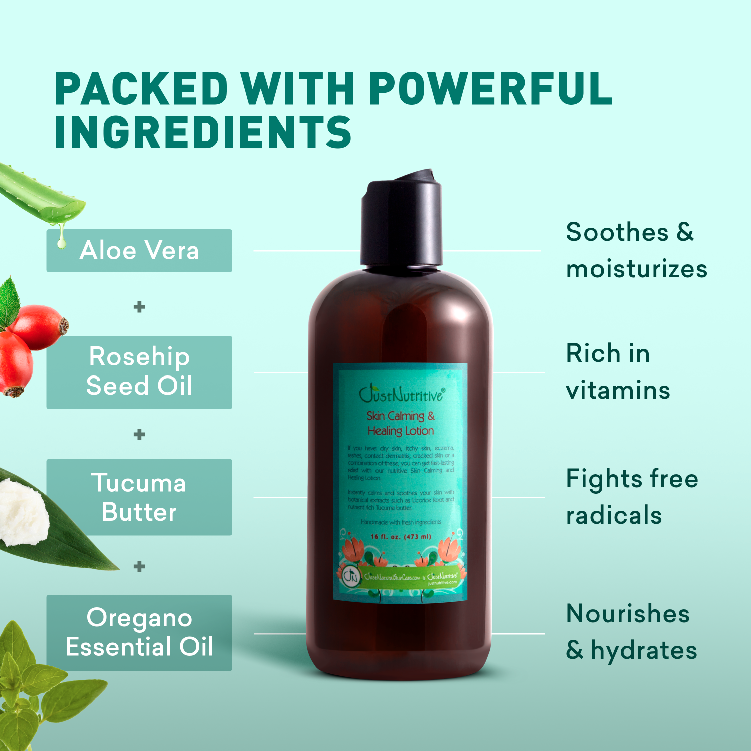 Bottle of lotion with ingredients listed on a light blue background