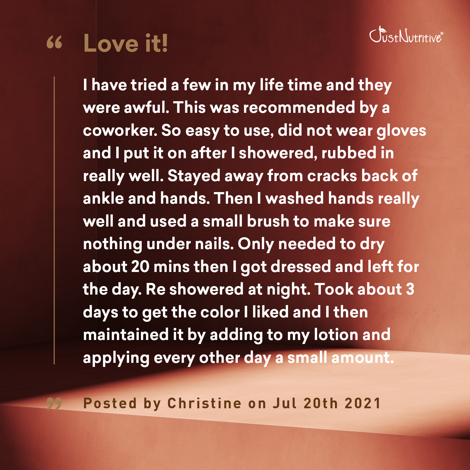 Product review with text on a brown background