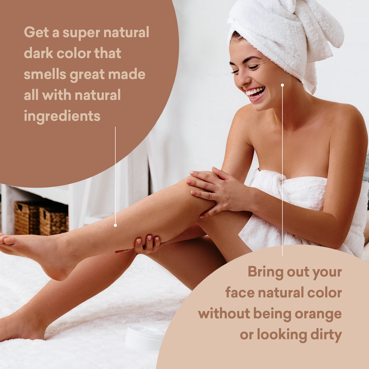 Woman with towel on head sitting on bed, showing smooth skin and hair removal, with text about natural ingredients and color.