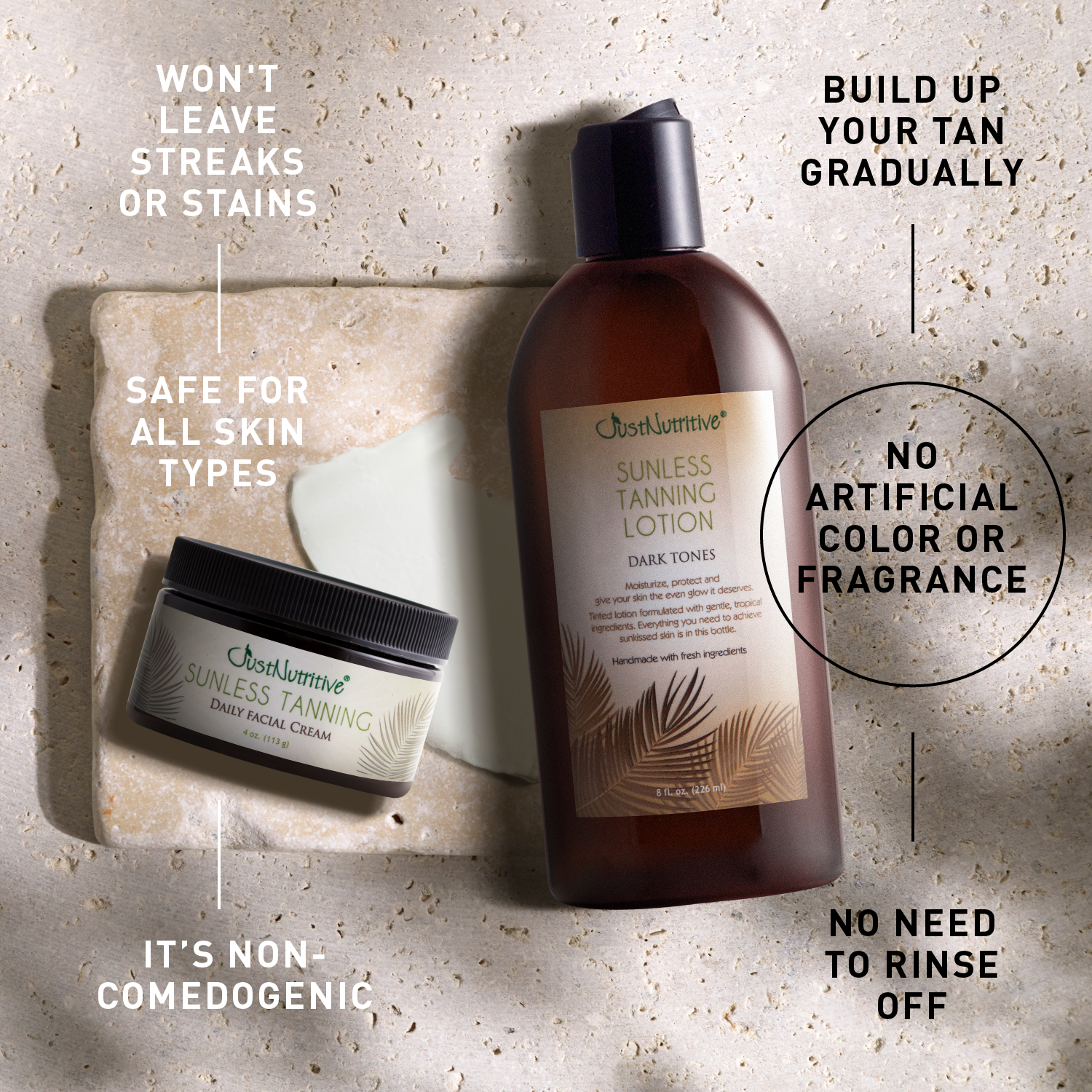 Sunless tanning lotion and cream with product features on a textured surface