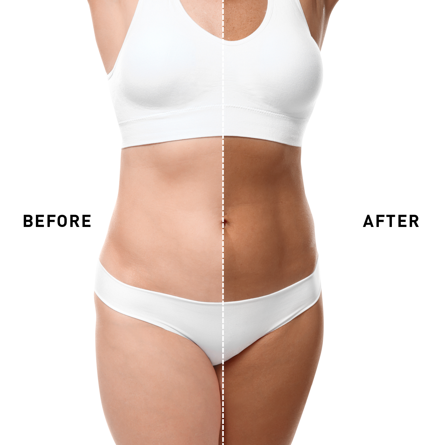 Before and after comparison of a person wearing white underwear on a plain background