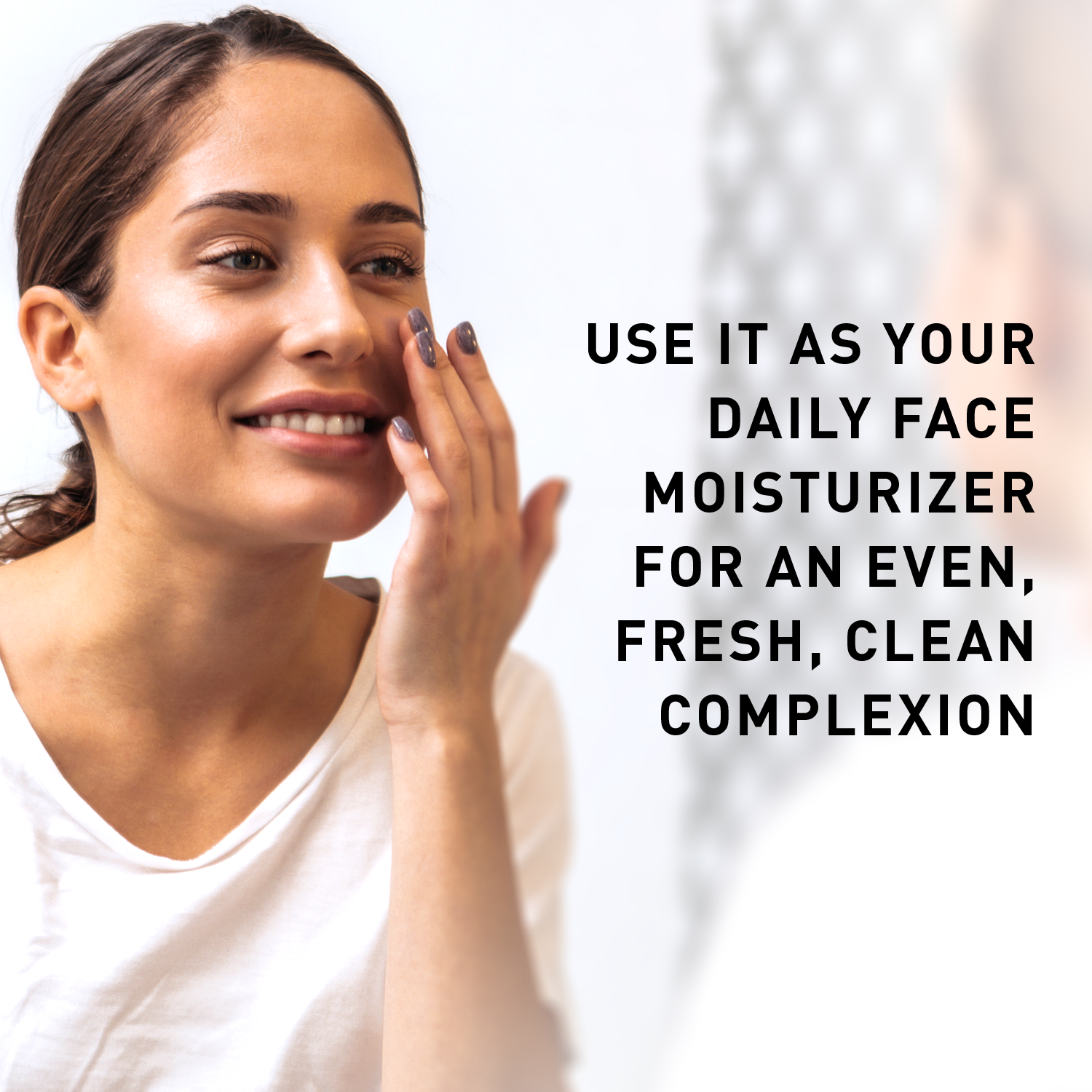 Woman applying cream to her face with text about daily face moisturizer