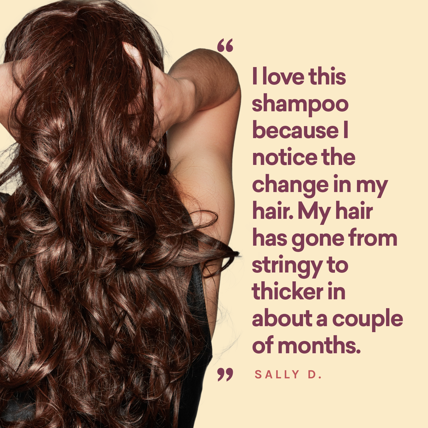 Woman with long, wavy hair against a beige background with a quote about shampoo benefits.