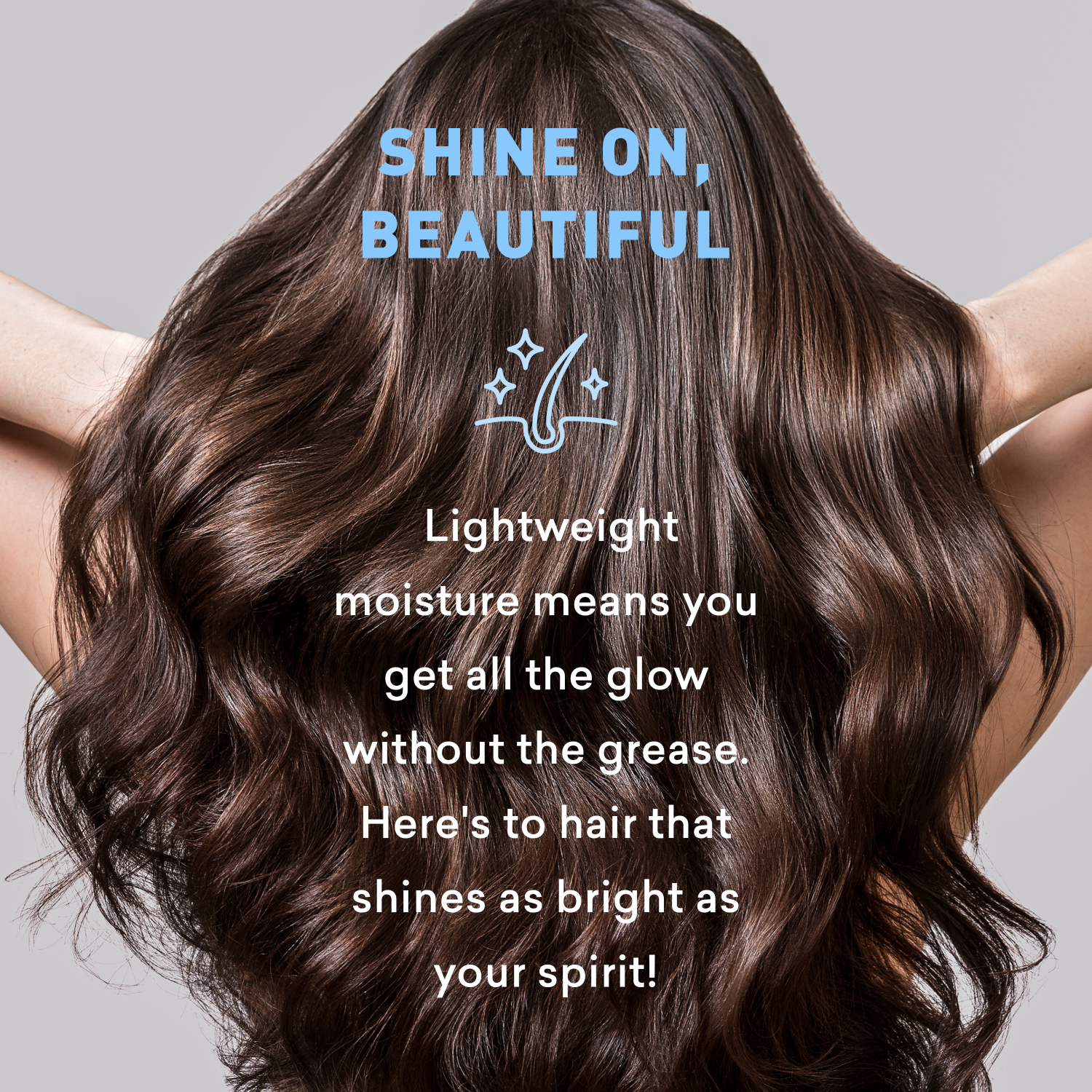 Text about hair care product with a person holding their hair against a gray background