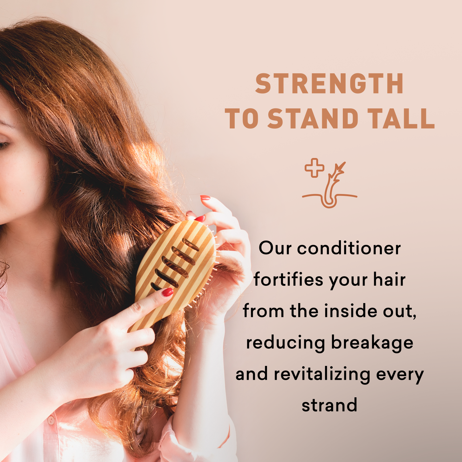 Woman brushing her hair with a wooden comb, text about conditioner benefits on a beige background