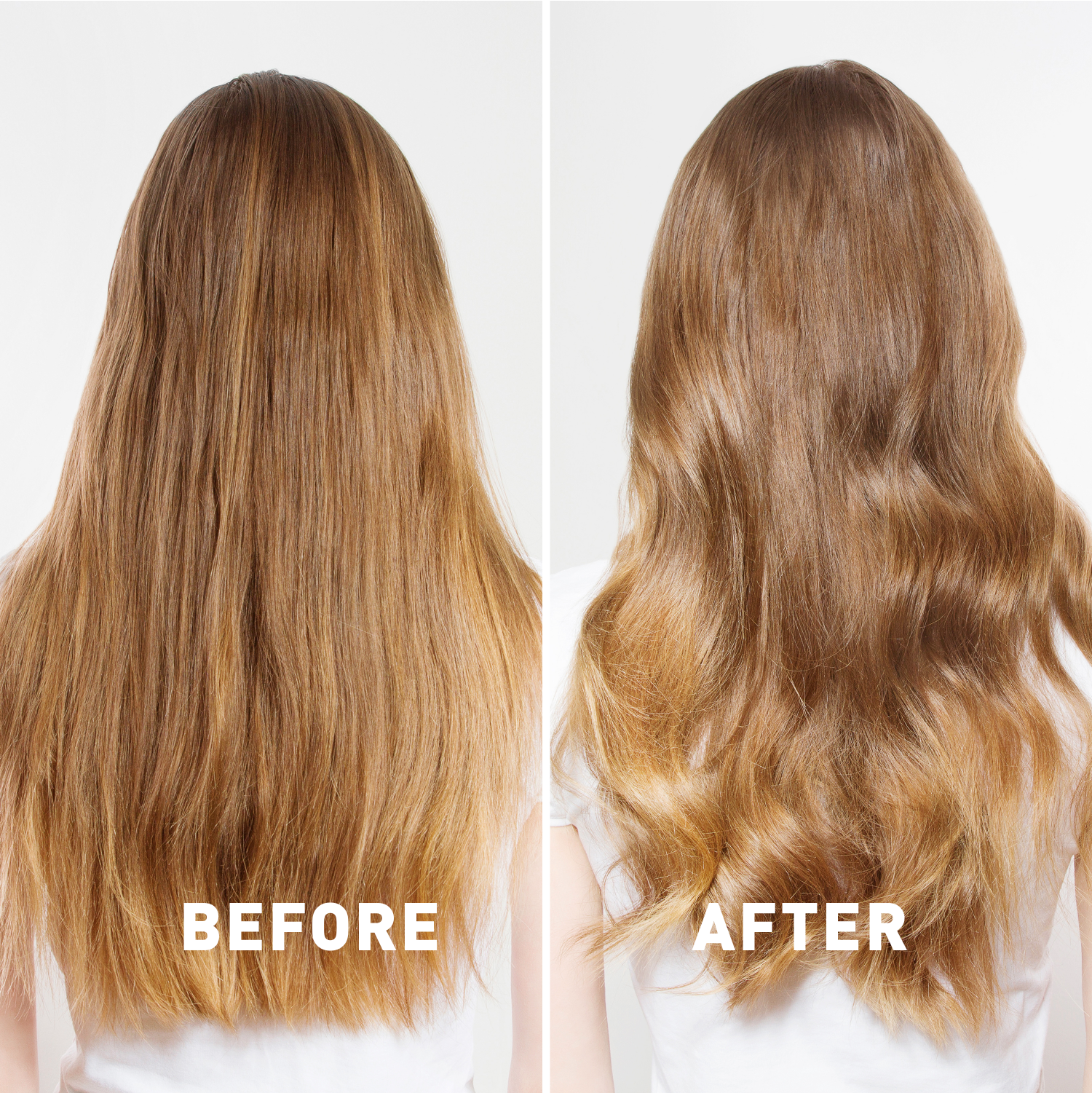 Before and after comparison of hair with a hair product showing straight to wavy transformation.