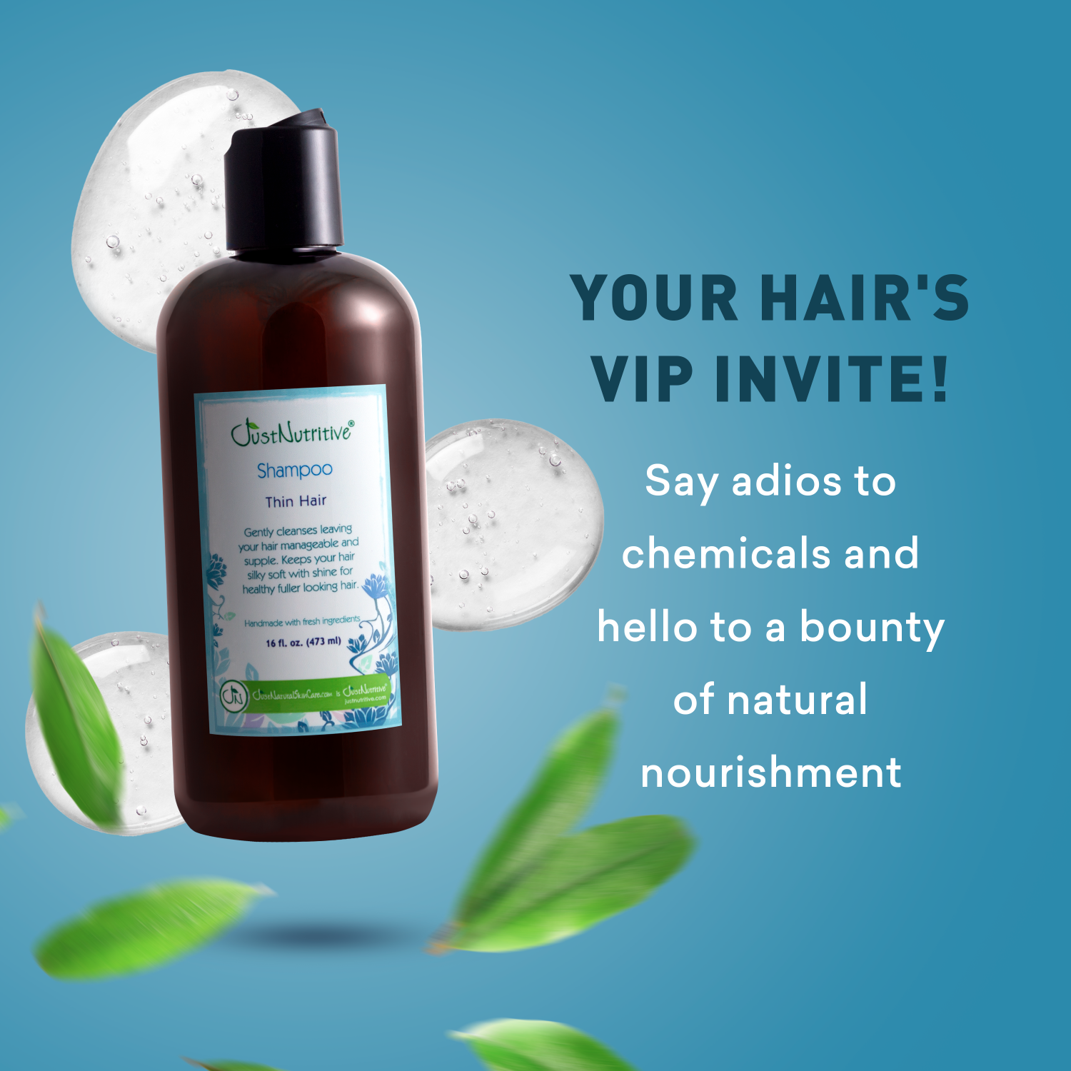 Brown bottle of shampoo with green leaves on a blue background