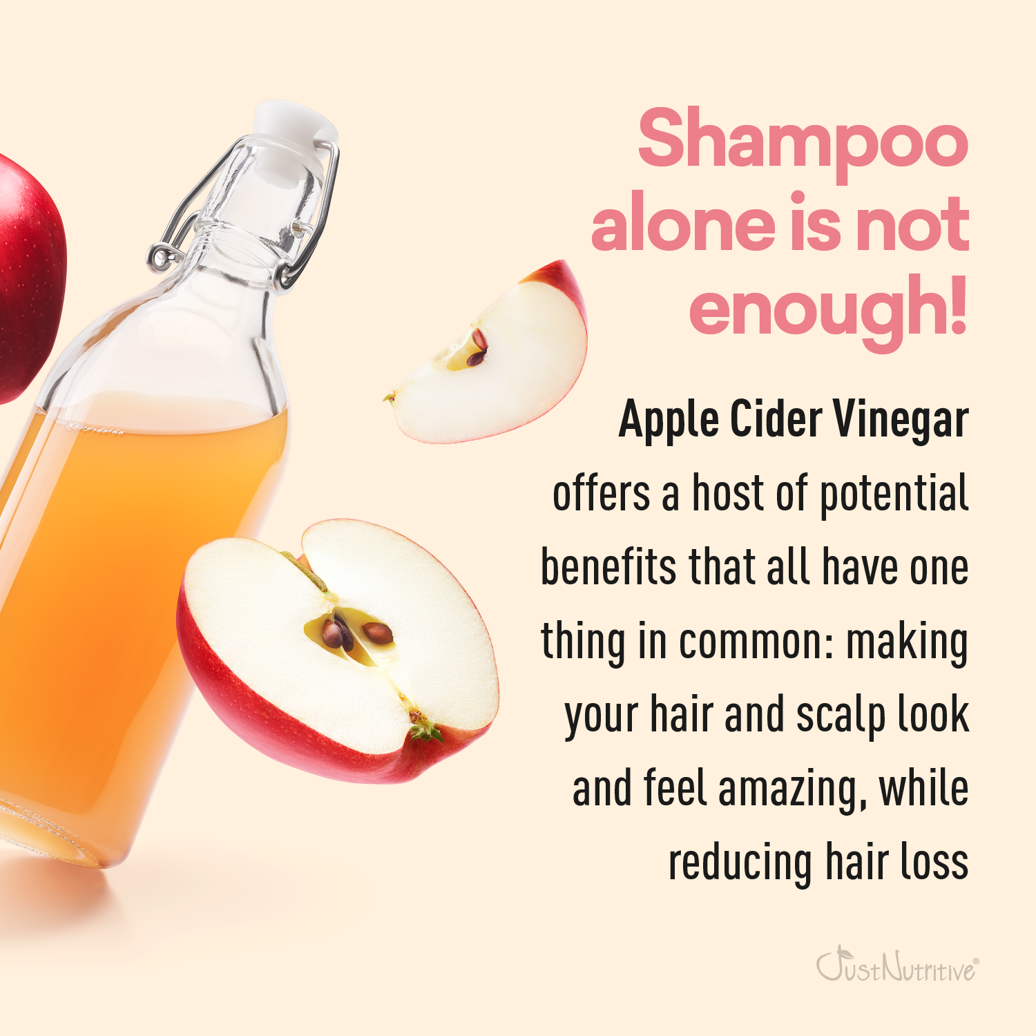 Apple cider vinegar bottle with sliced apples on a beige background, featuring text about hair care benefits.
