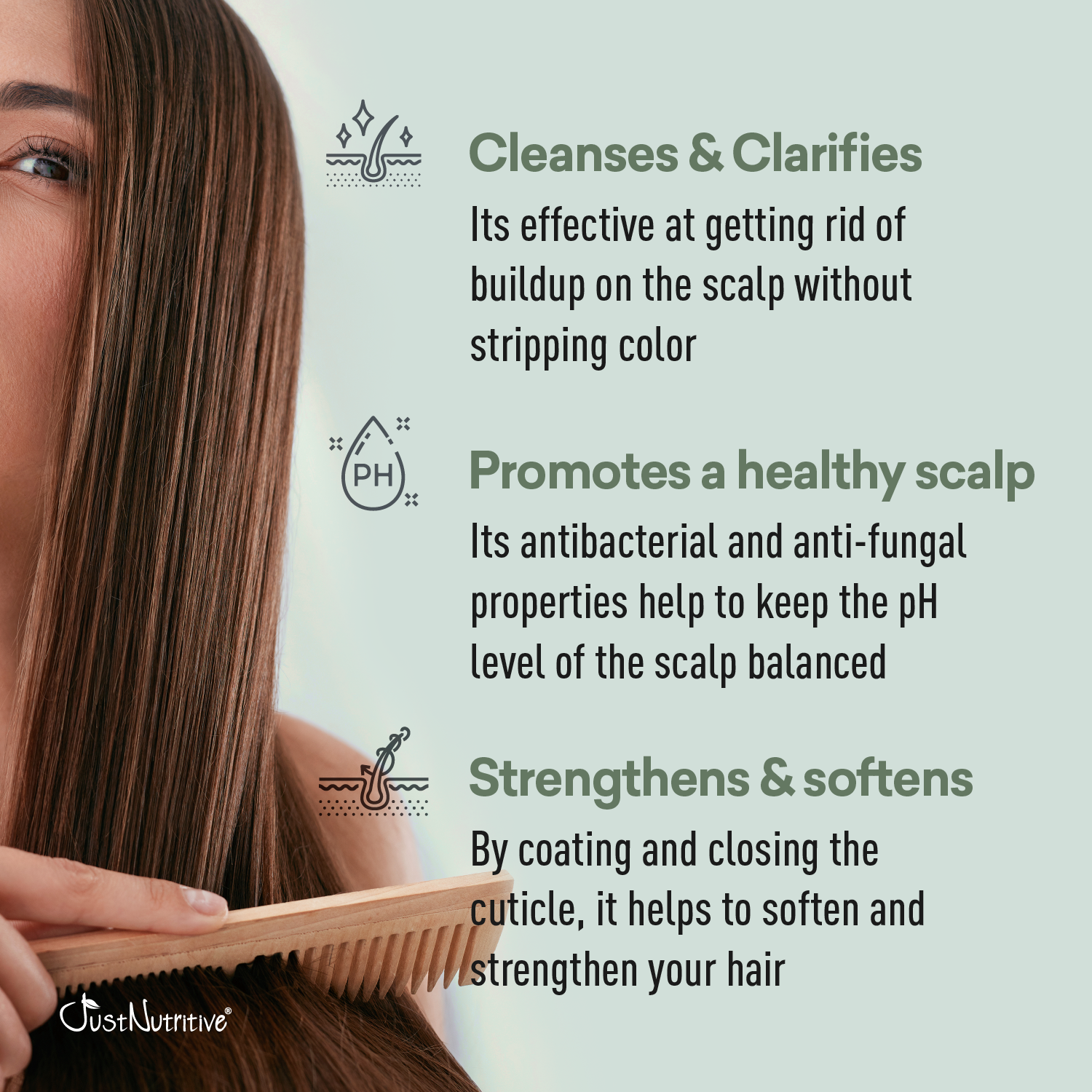 Woman brushing her hair with text about hair care benefits on a light green background