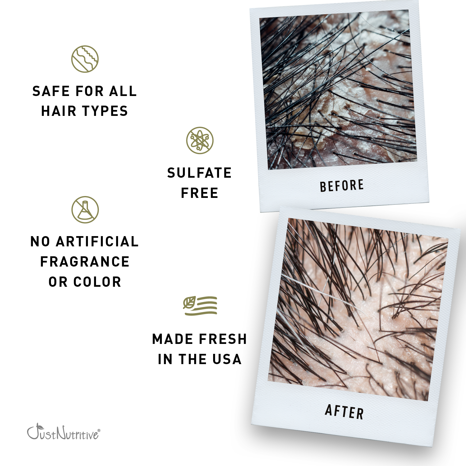 Product packaging with 'Before' and 'After' hair images, safety features, and brand name.