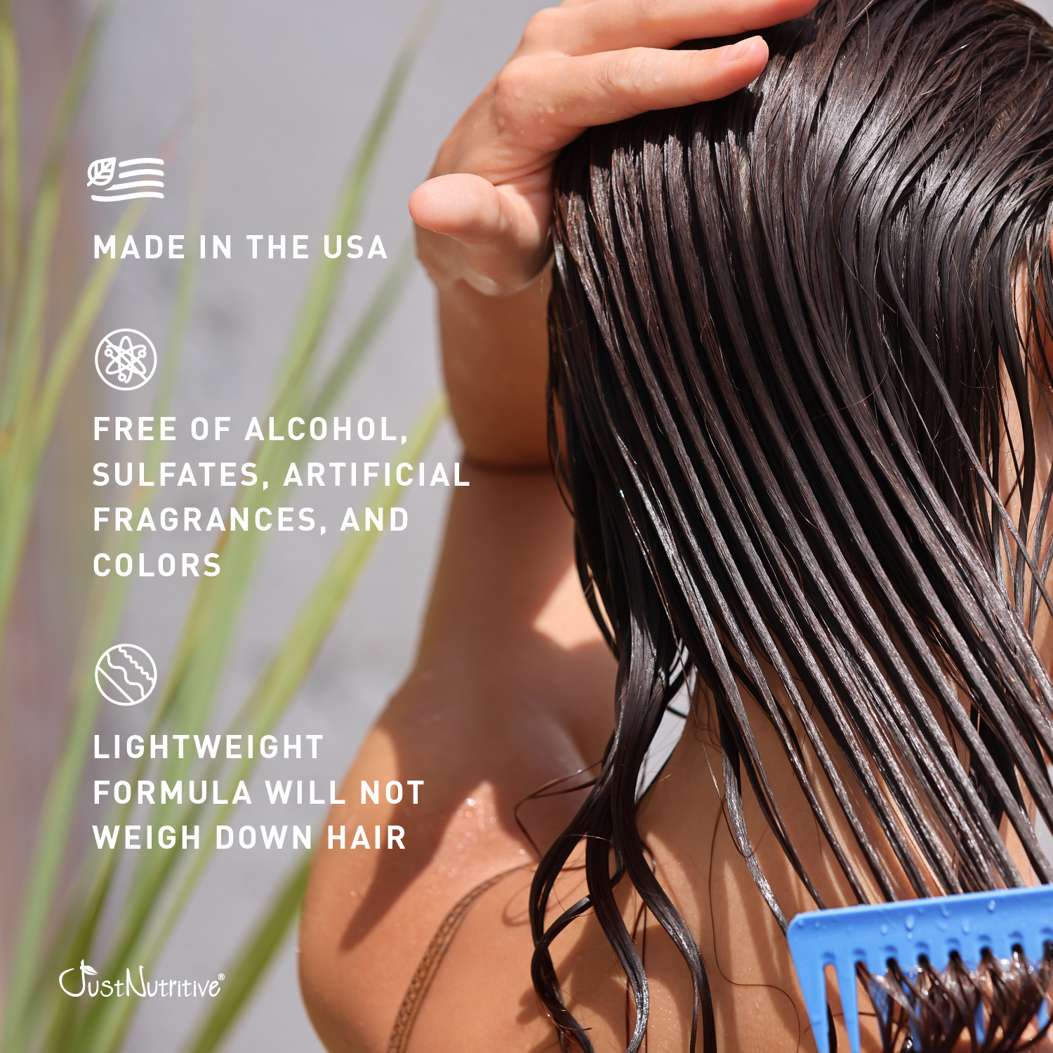 Person with wet hair being combed, with product features listed on the left.