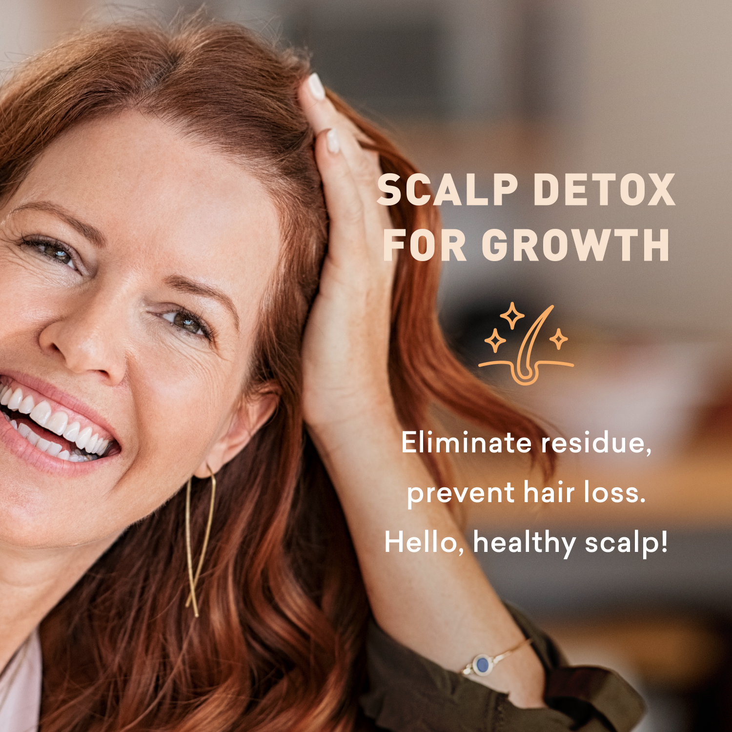 Woman with red hair touching her head, promoting scalp detox for growth with text overlay.