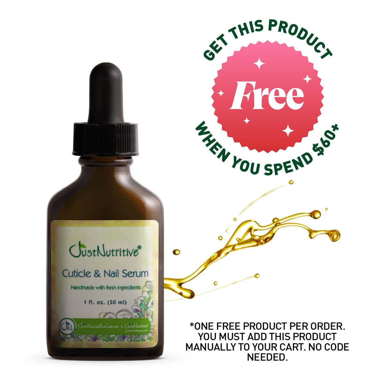 Cuticle and nail serum bottle with dropper on a white background, featuring a free product offer.