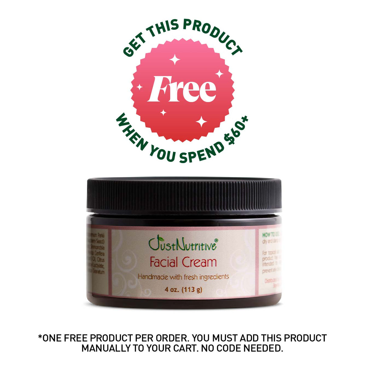 Jar of facial cream with promotional text for a free product offer on a white background