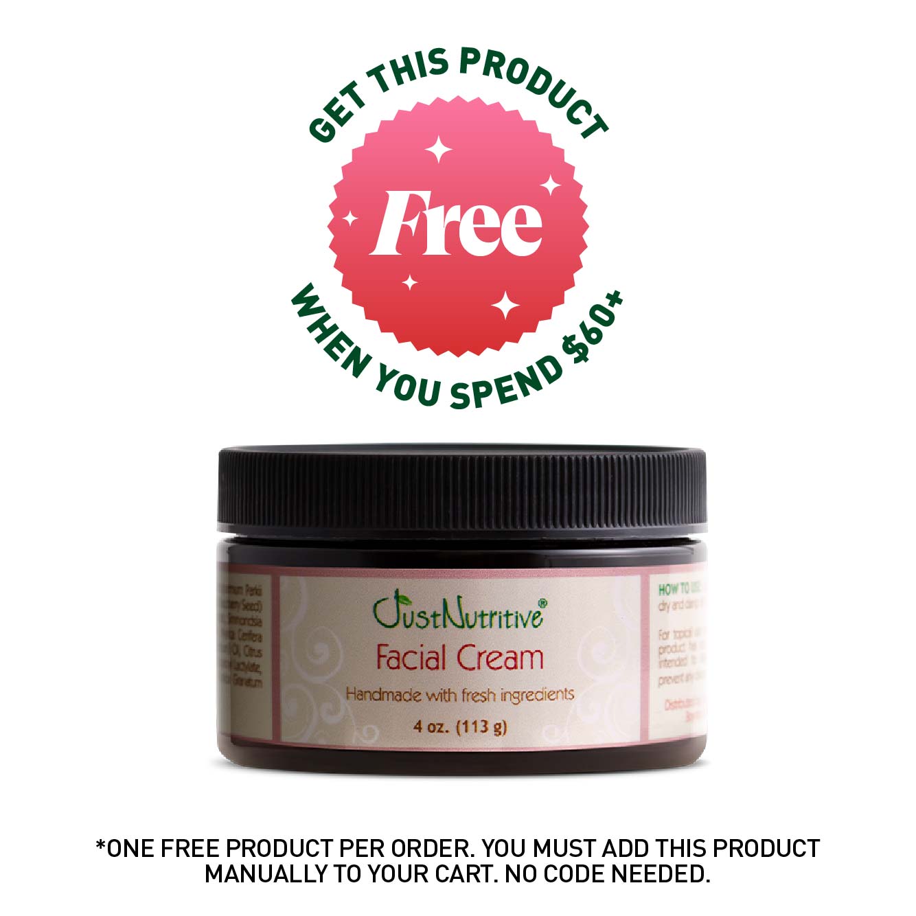 Jar of facial cream with promotional text for a free product offer on a white background