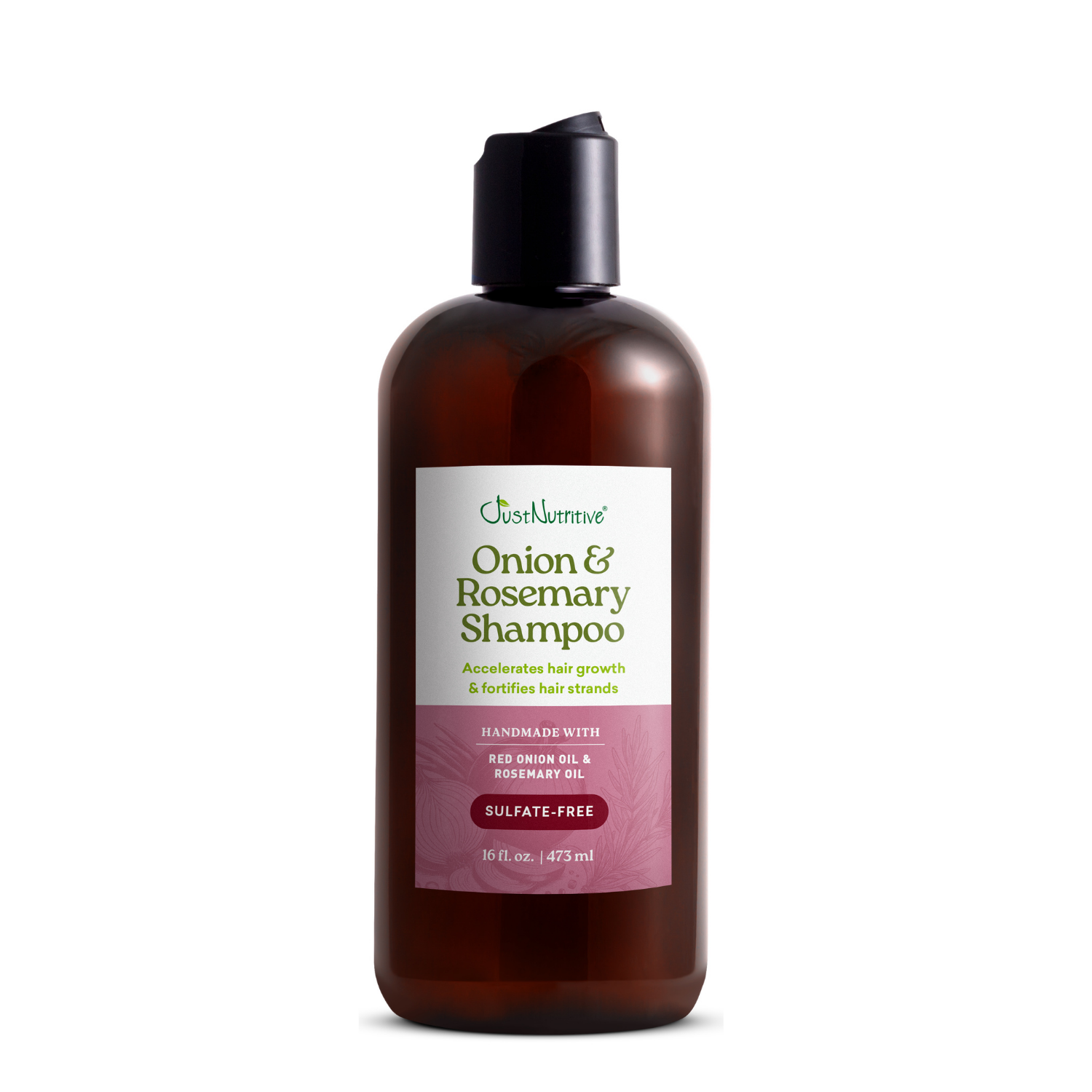 Bottle of Onion & Rosemary Shampoo on a white background