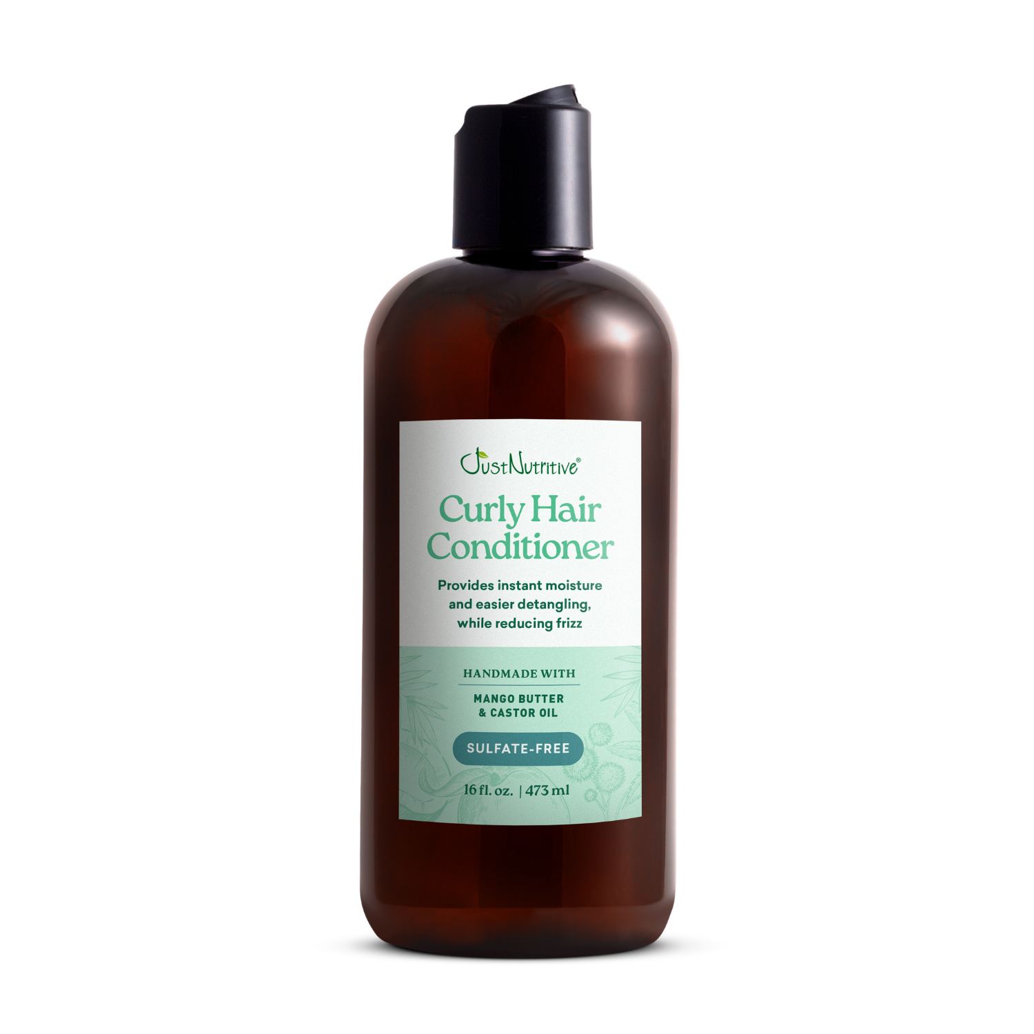 Brown bottle of curly hair conditioner with a label on a white background