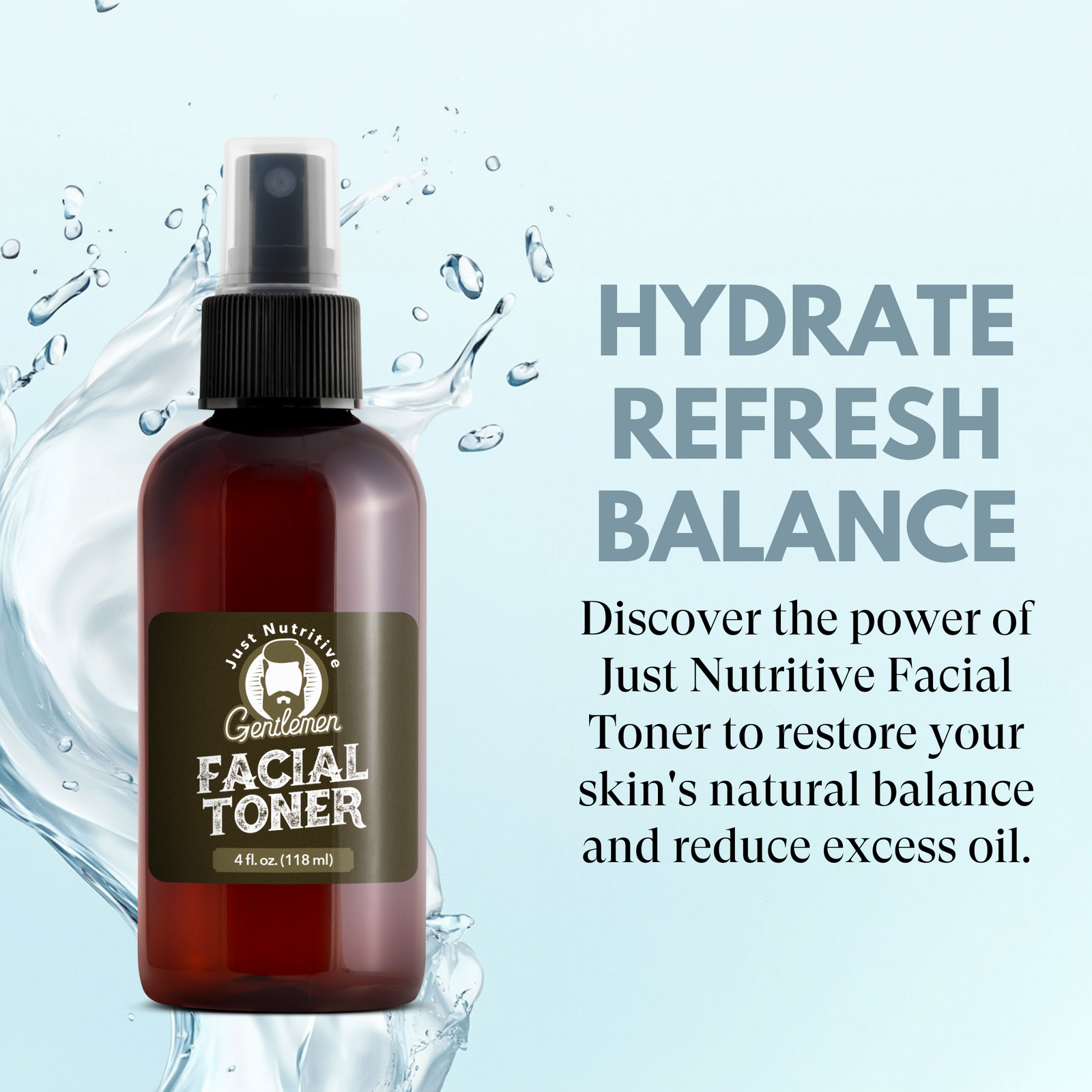 Facial toner bottle with water droplets and promotional text on a light blue background