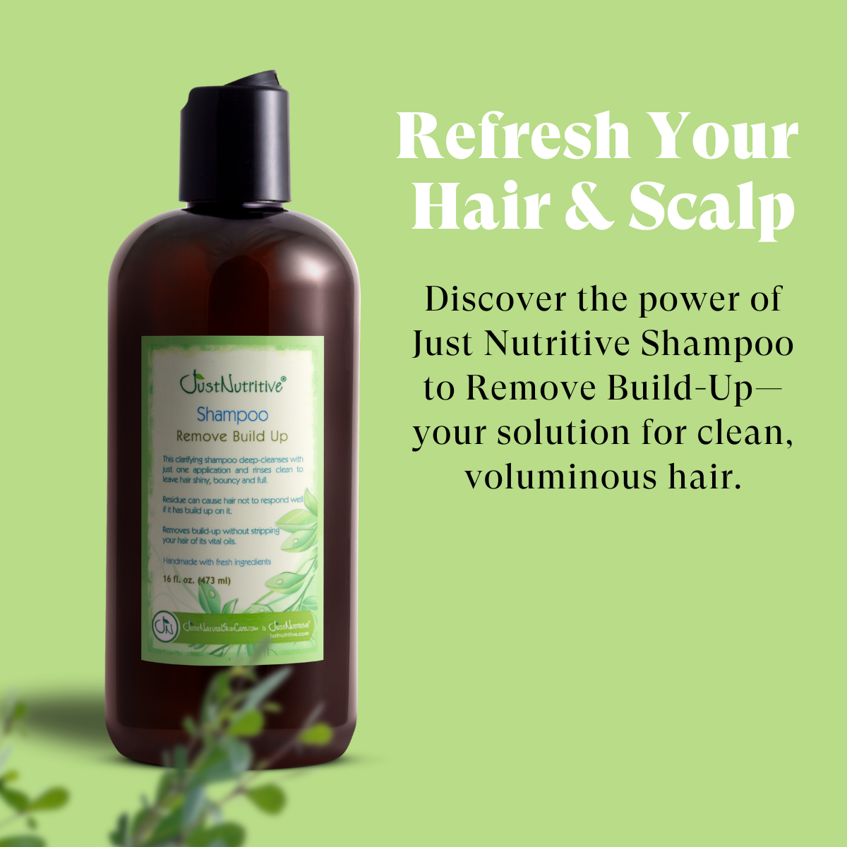 Brown shampoo bottle with green label on a light green background, featuring text about hair and scalp care.