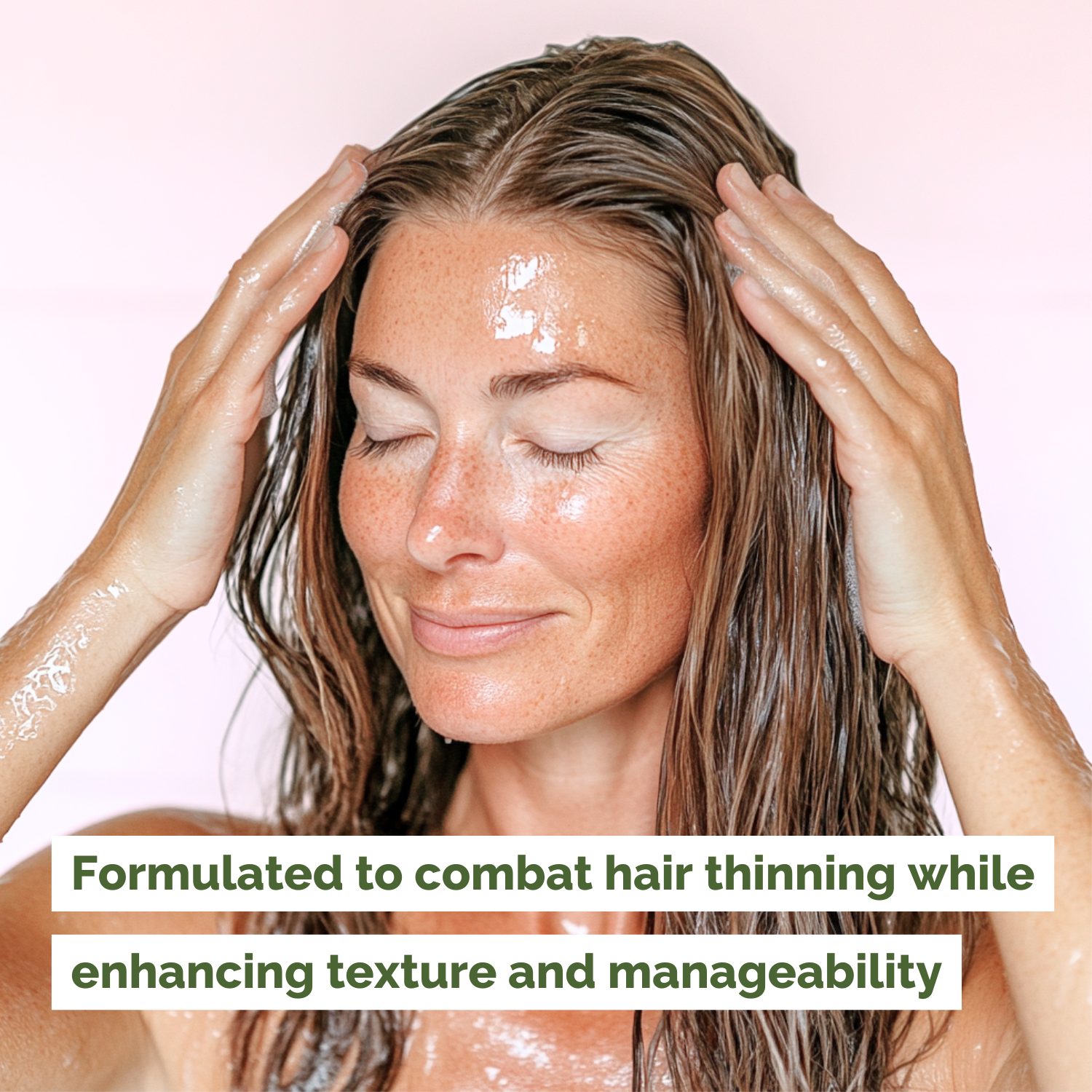 Woman applying hair product with text about combating hair thinning and enhancing texture.
