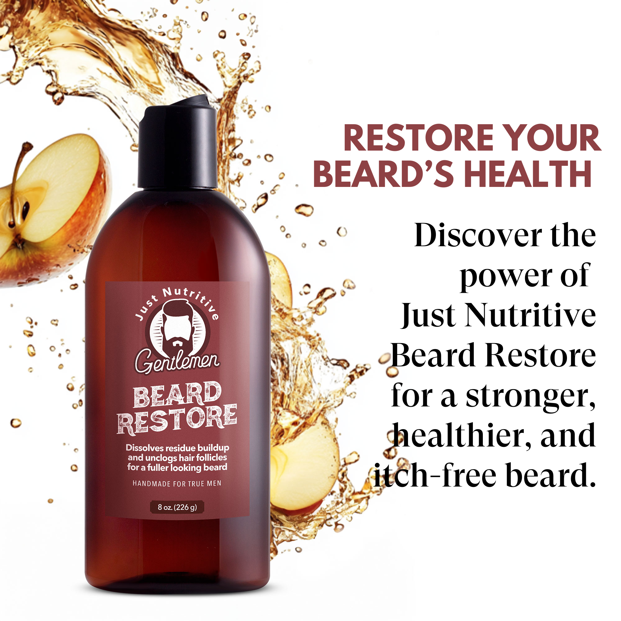 Beard restore product with apple slices and water splash on a white background