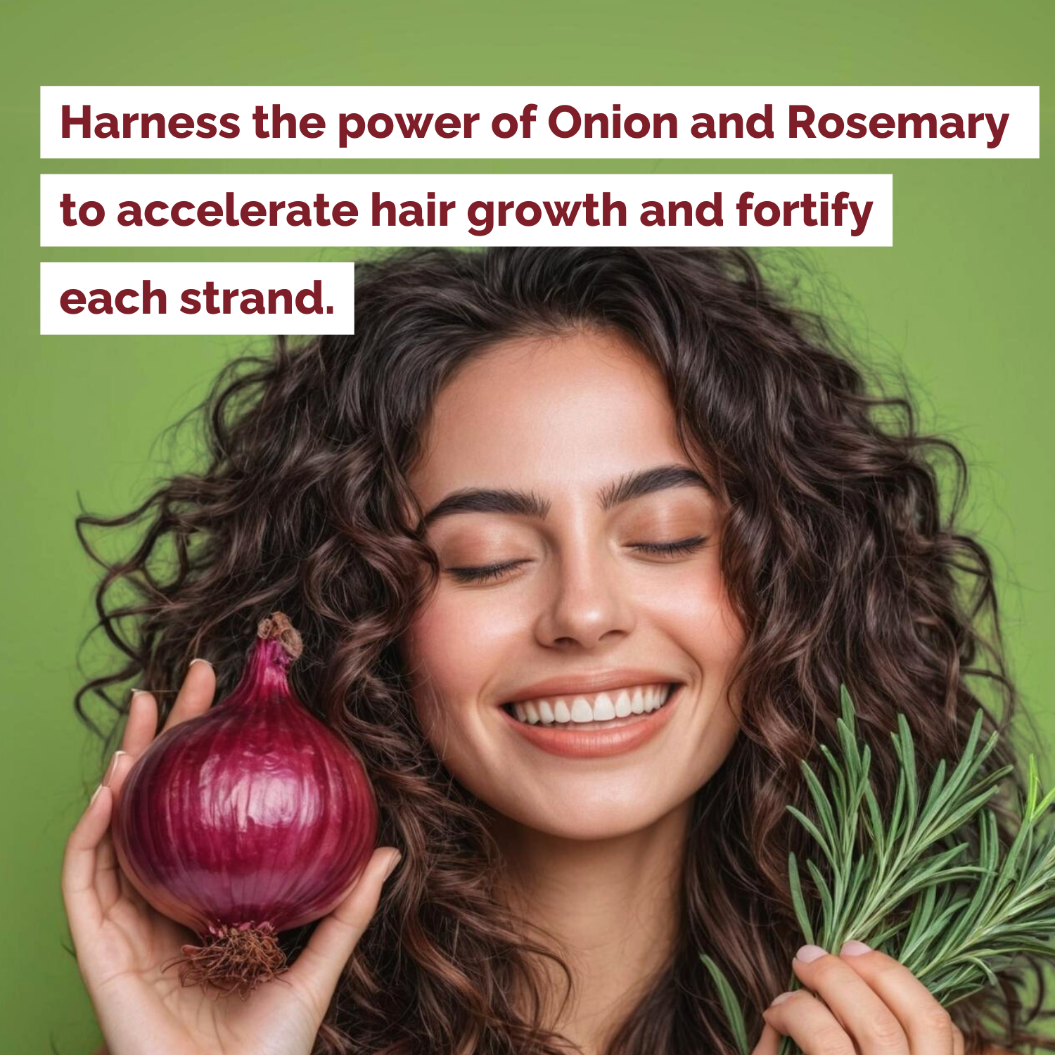 Woman with curly hair holding an onion and rosemary with text about accelerating hair growth.
