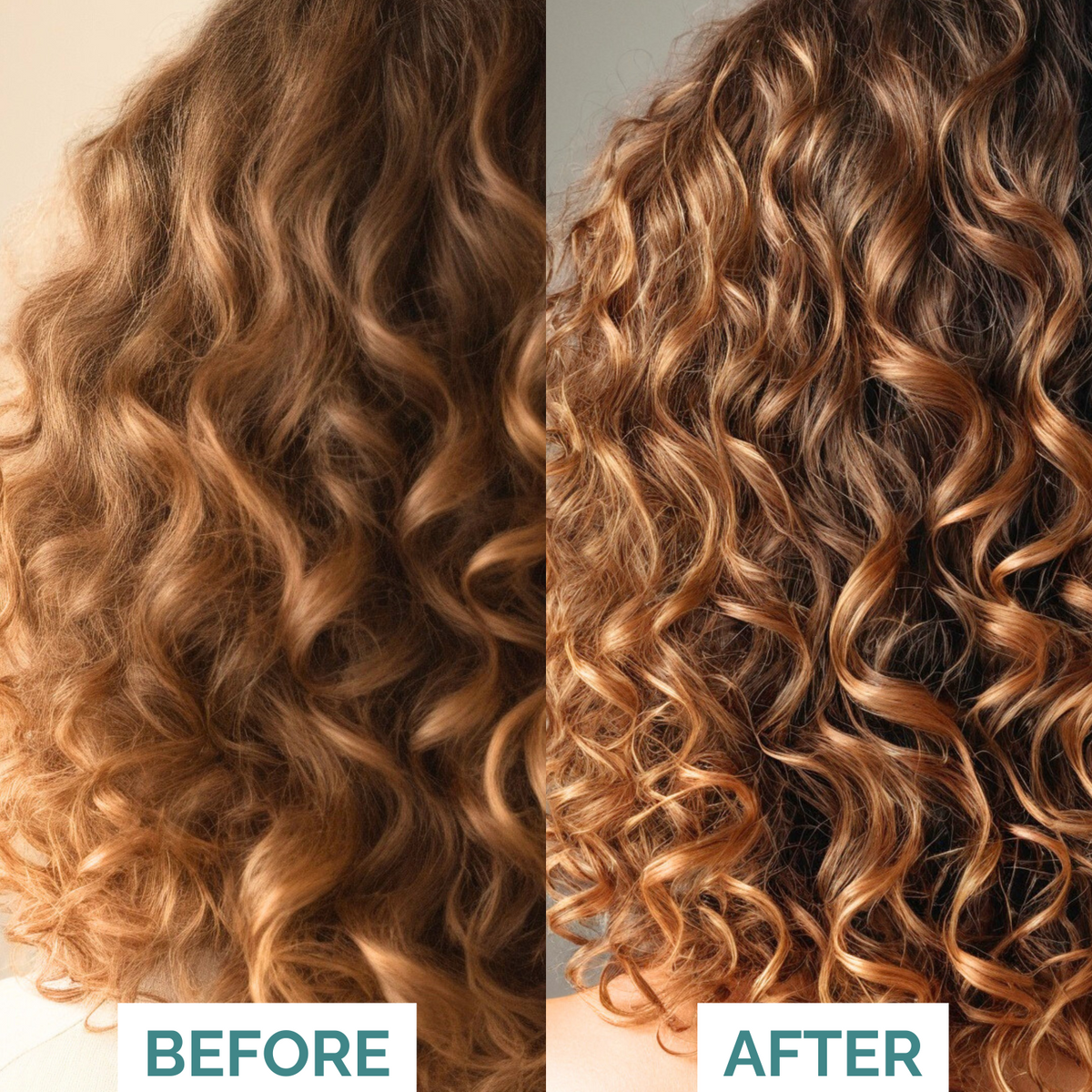 Before and after comparison of curly hair with a neutral background