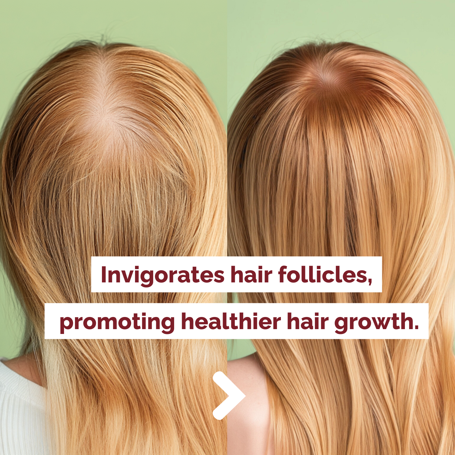 Before and after comparison of hair health with text on a green background