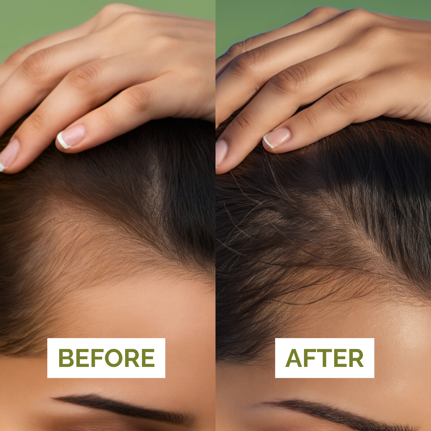 Before and after comparison of hair growth on a person's head with 'Before' and 'After' labels.