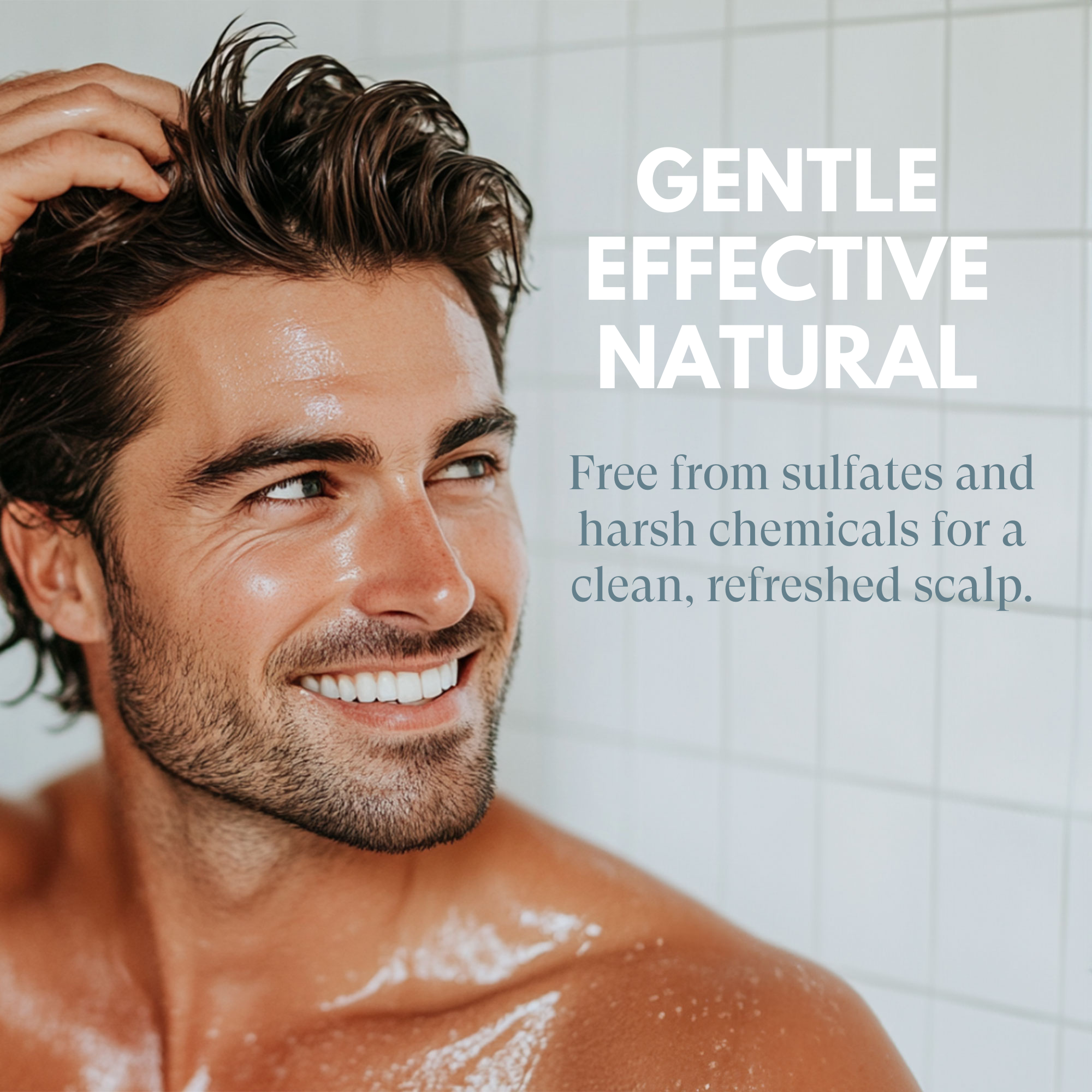 Man with a clean, refreshed scalp after using a gentle hair care product.