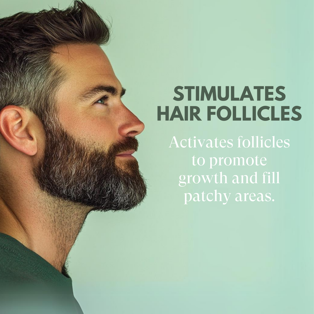 Man with beard and text about stimulating hair follicles on a light green background