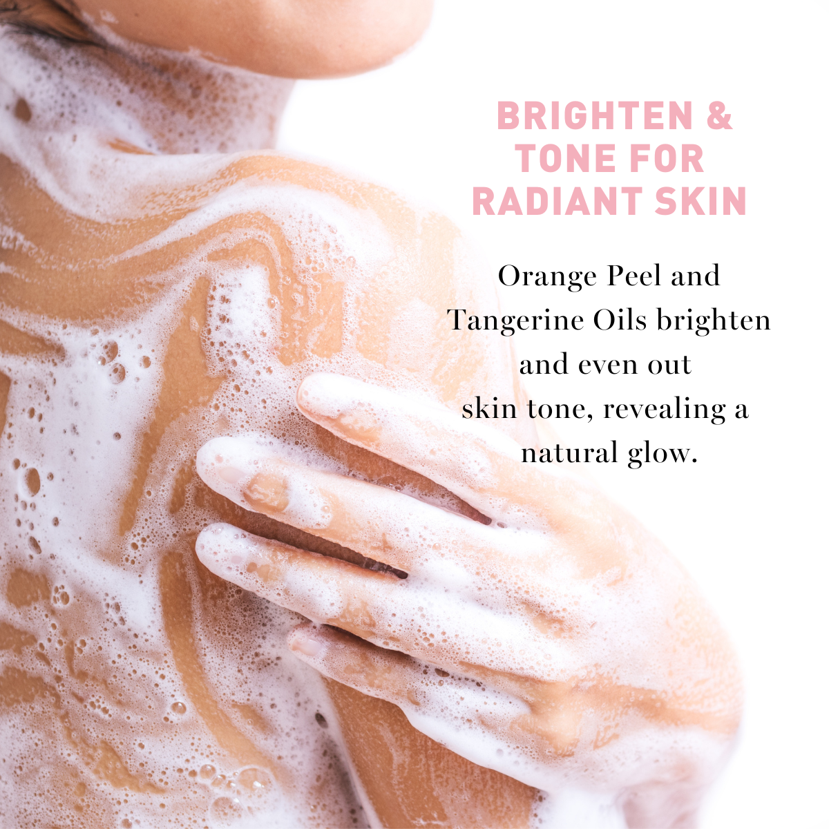 Person applying a foamy product to their skin with text about brightening and toning for radiant skin.