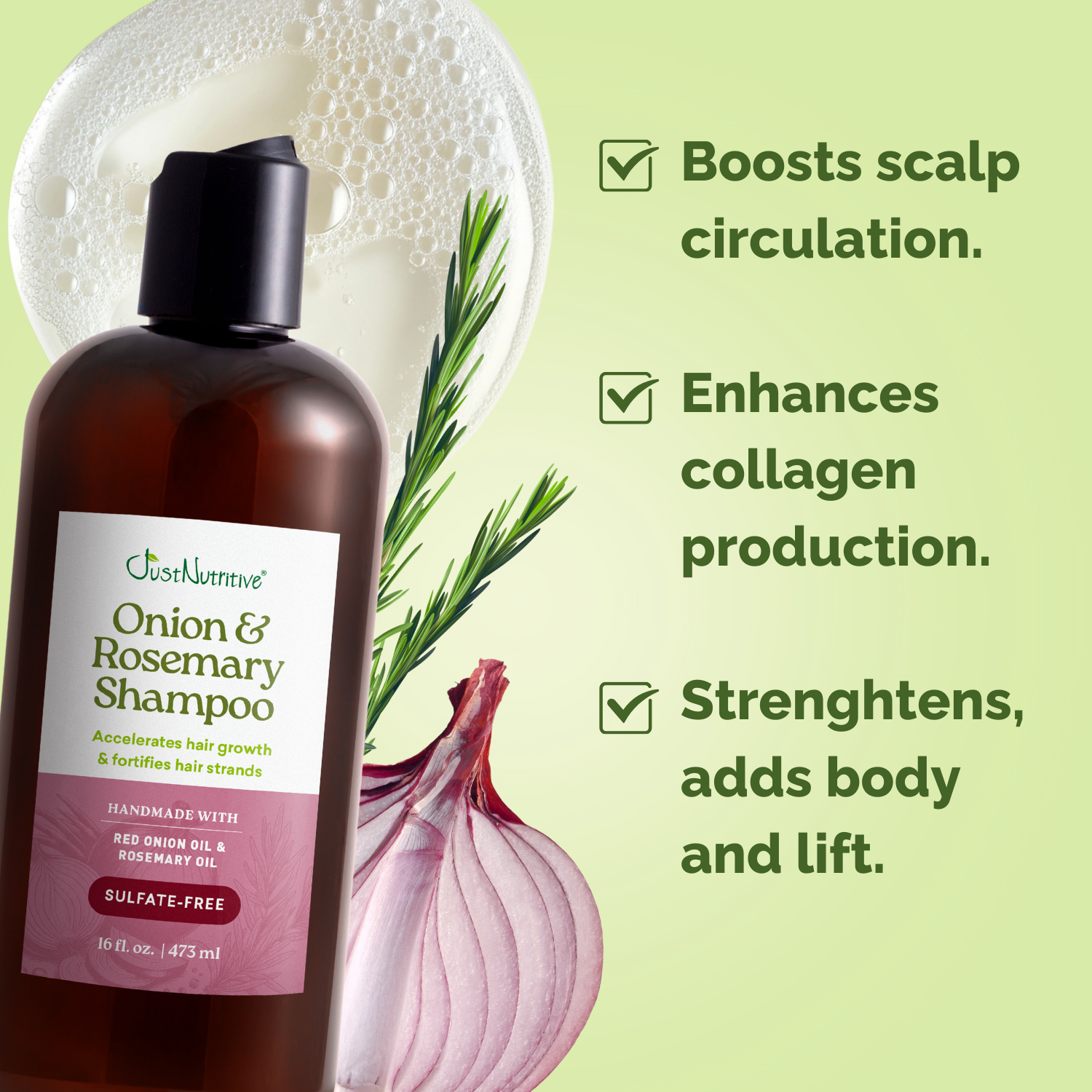 Onion & Rosemary Shampoo bottle with green background and text highlighting benefits