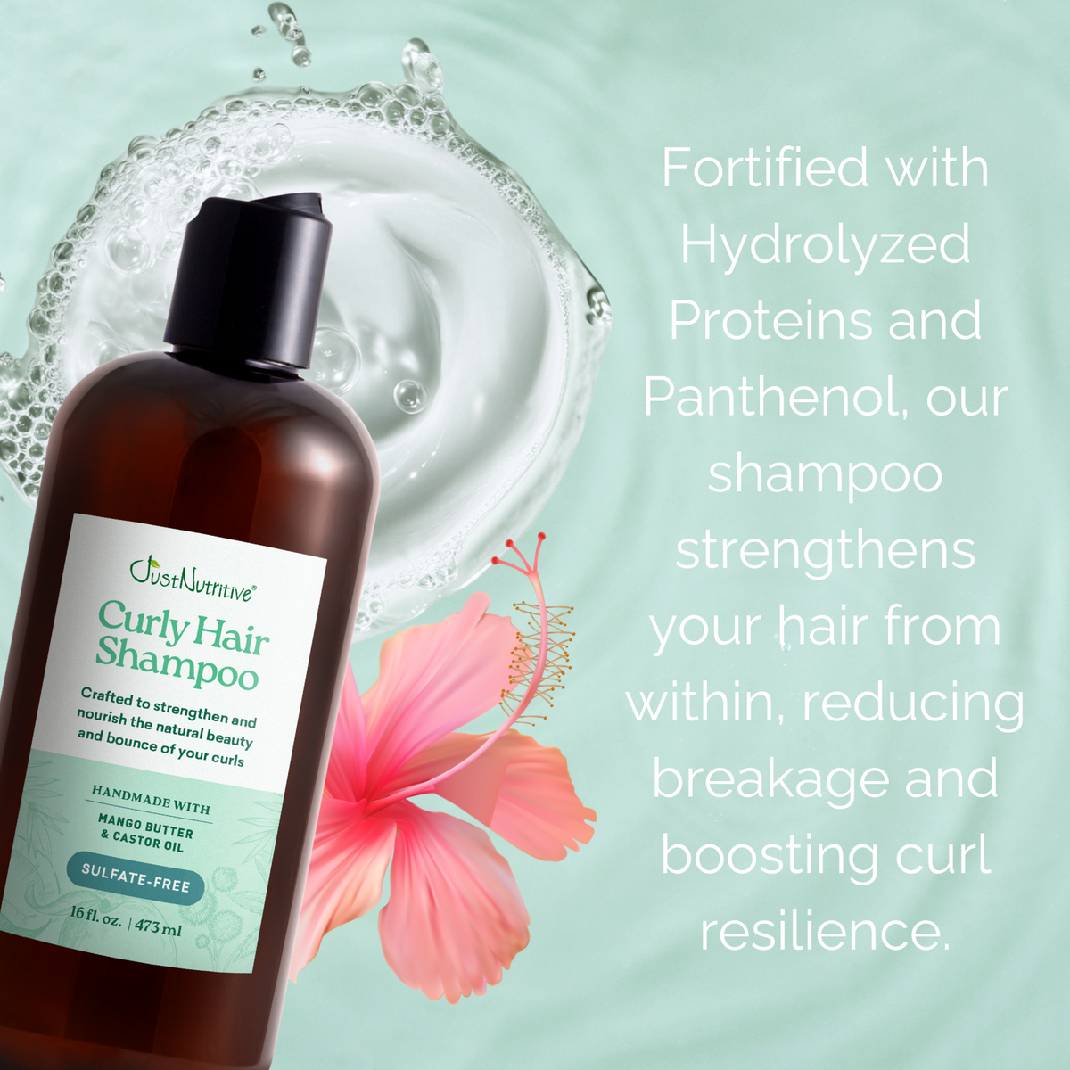 JustNutritive Curly Hair Shampoo bottle with pink flower and water droplets on a light green background