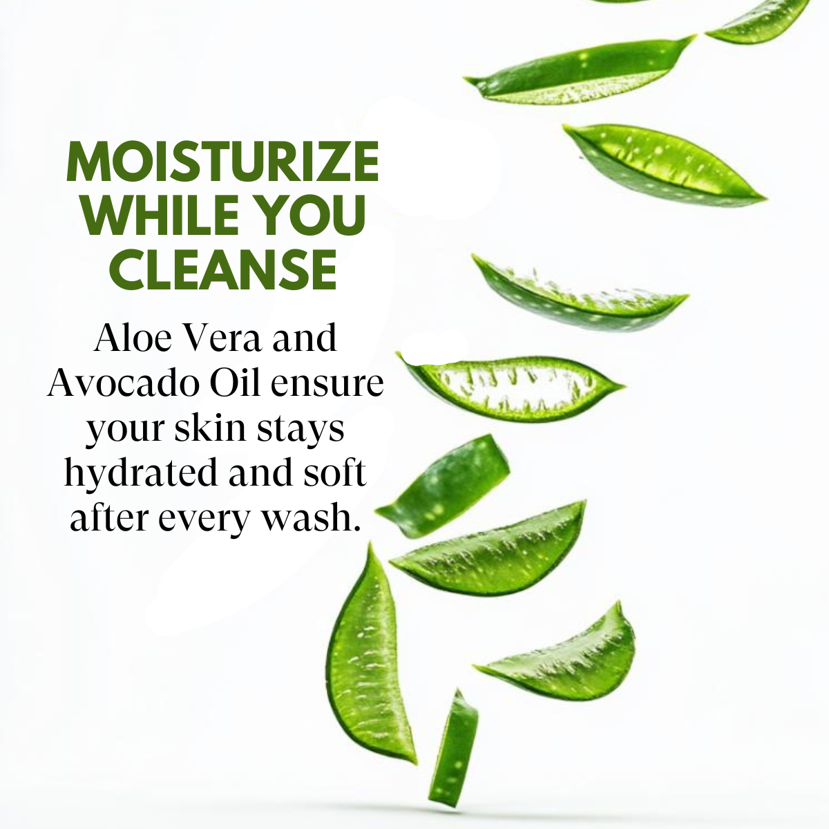 Advertisement for skincare product with Aloe Vera leaves and text about moisturizing and cleansing.