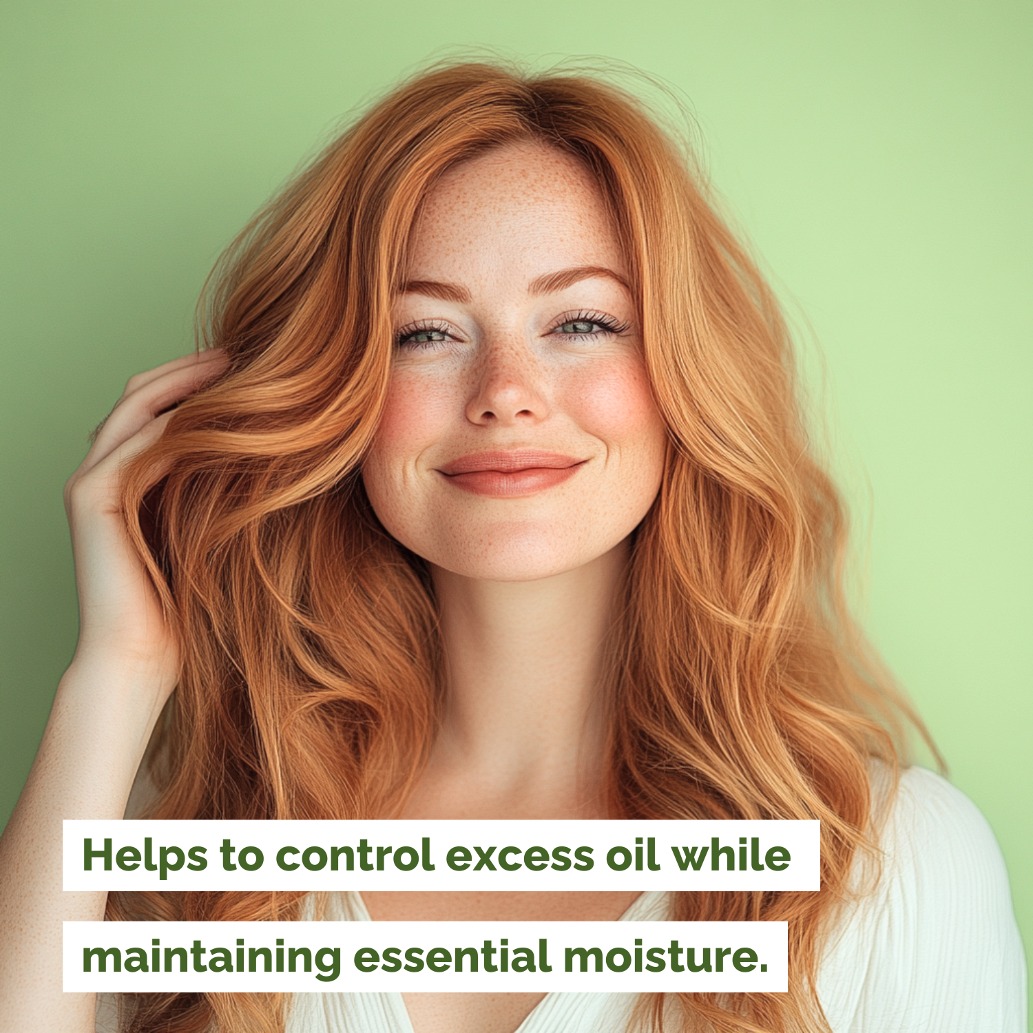 Woman with long, wavy red hair against a green background with text about controlling excess oil.