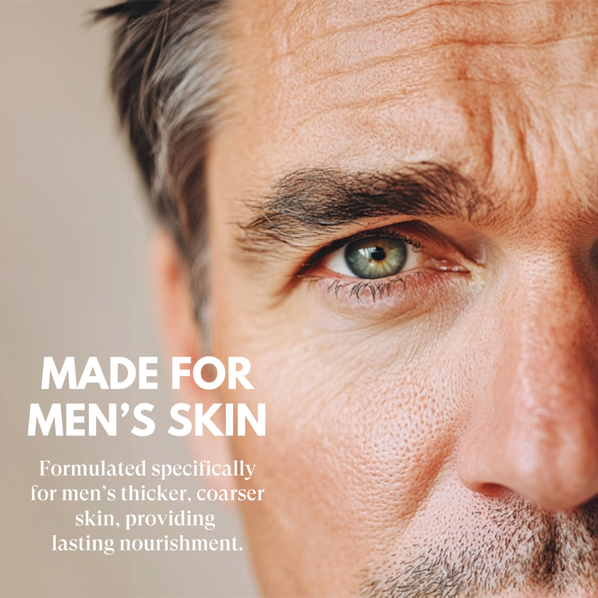 Close-up of a man's eye with text about men's skincare.