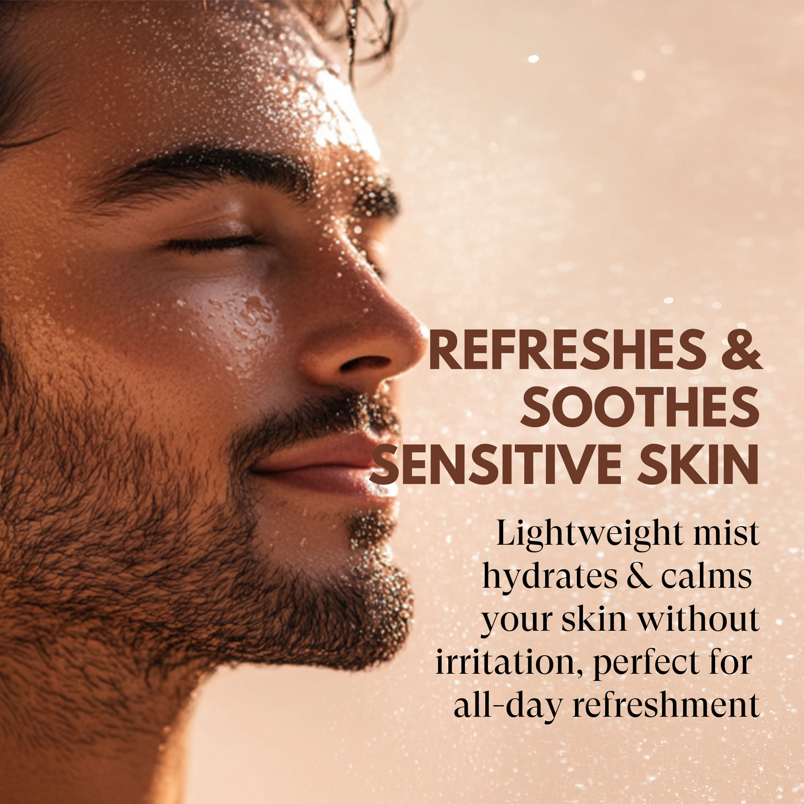 Man with moisturized skin and text about product benefits