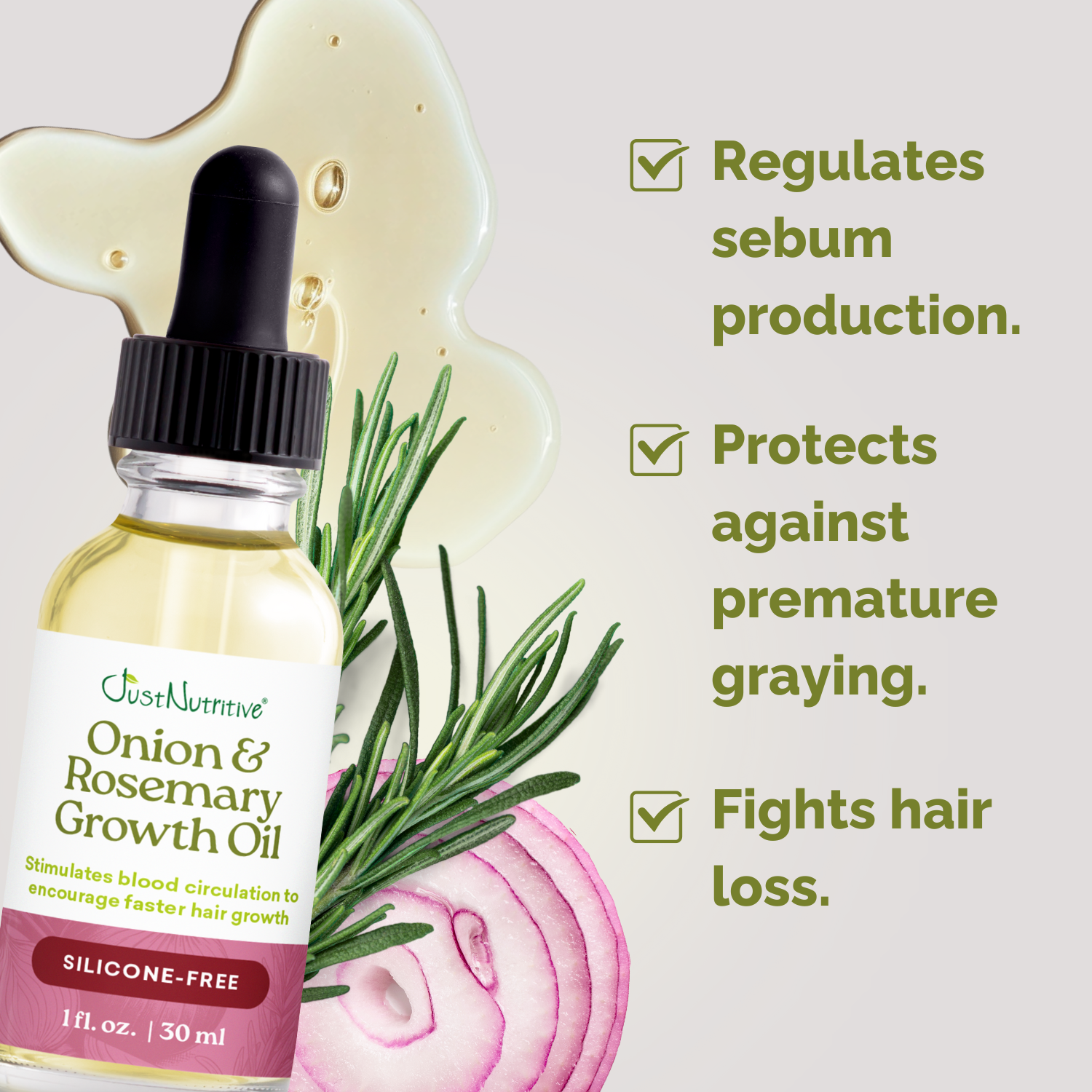 Bottle of Onion & Rosemary Growth Oil with text highlighting benefits on a light background