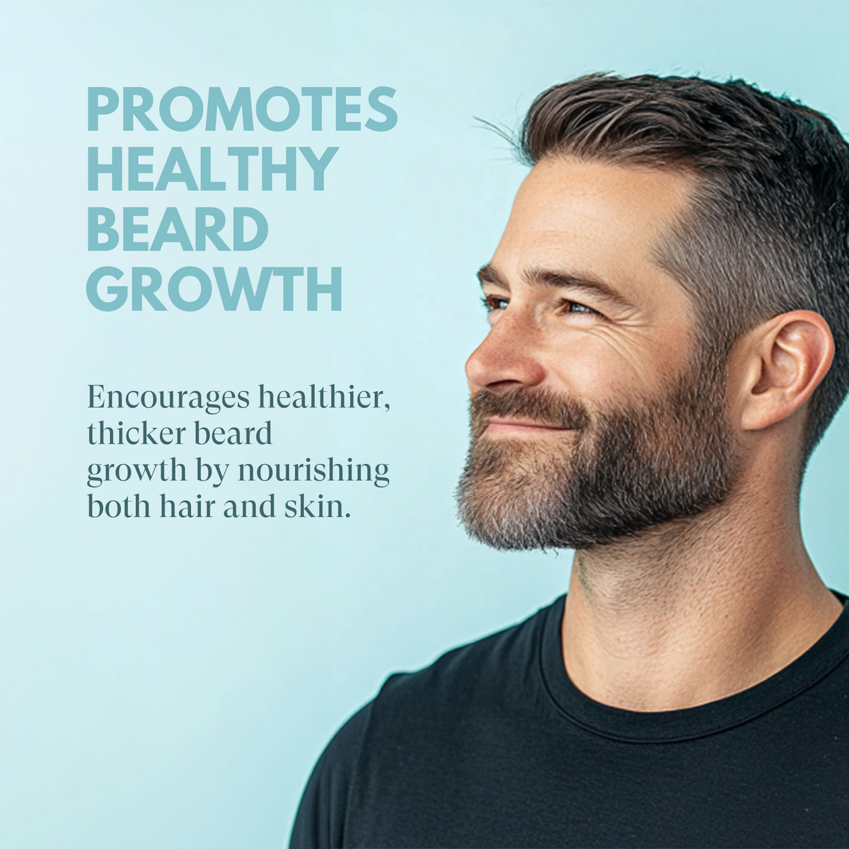 Man with a beard on a light blue background with text about healthy beard growth.