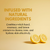 Two lemons on a yellow background with text about natural ingredients for skincare.