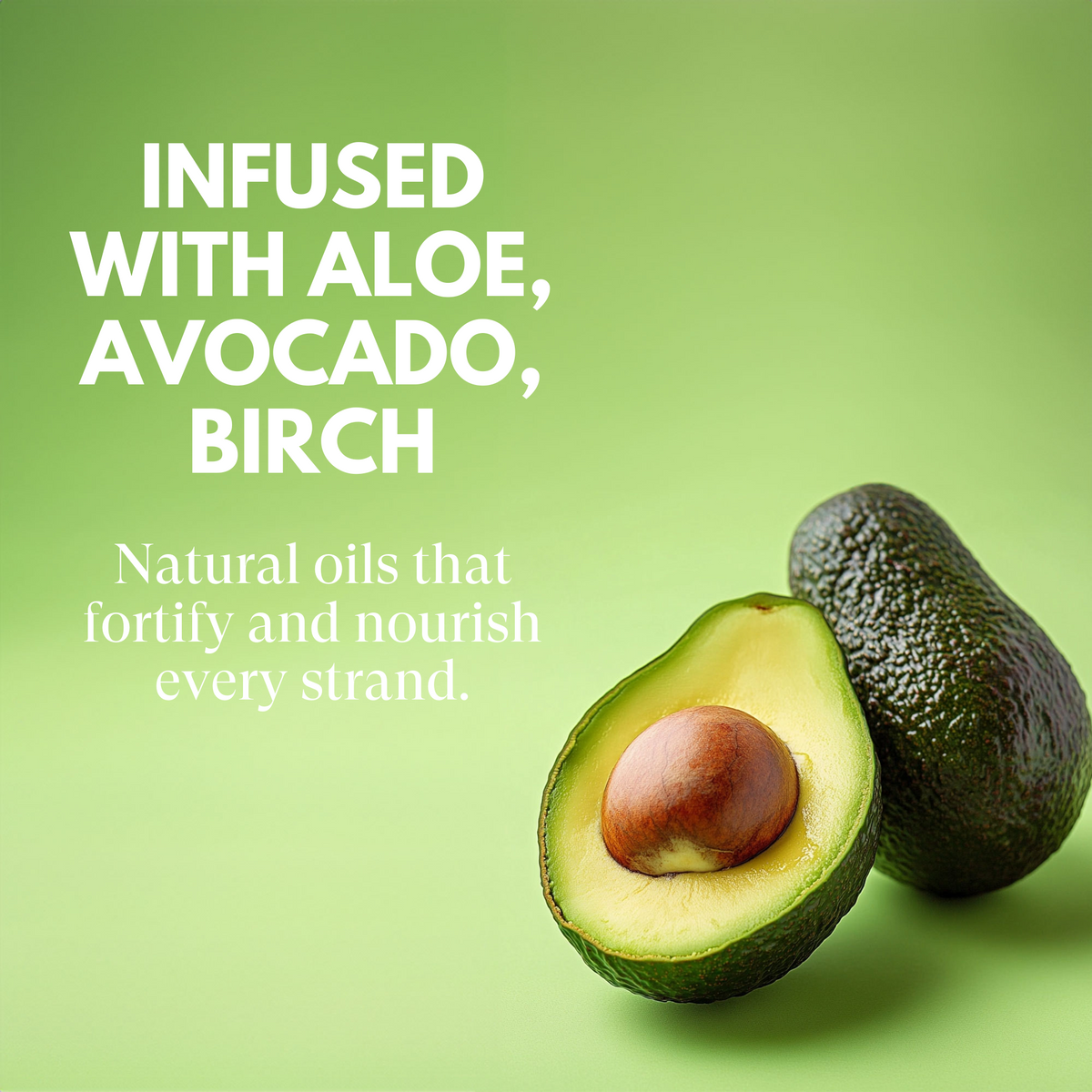 Avocado and birch on a green background with text about infused oils.