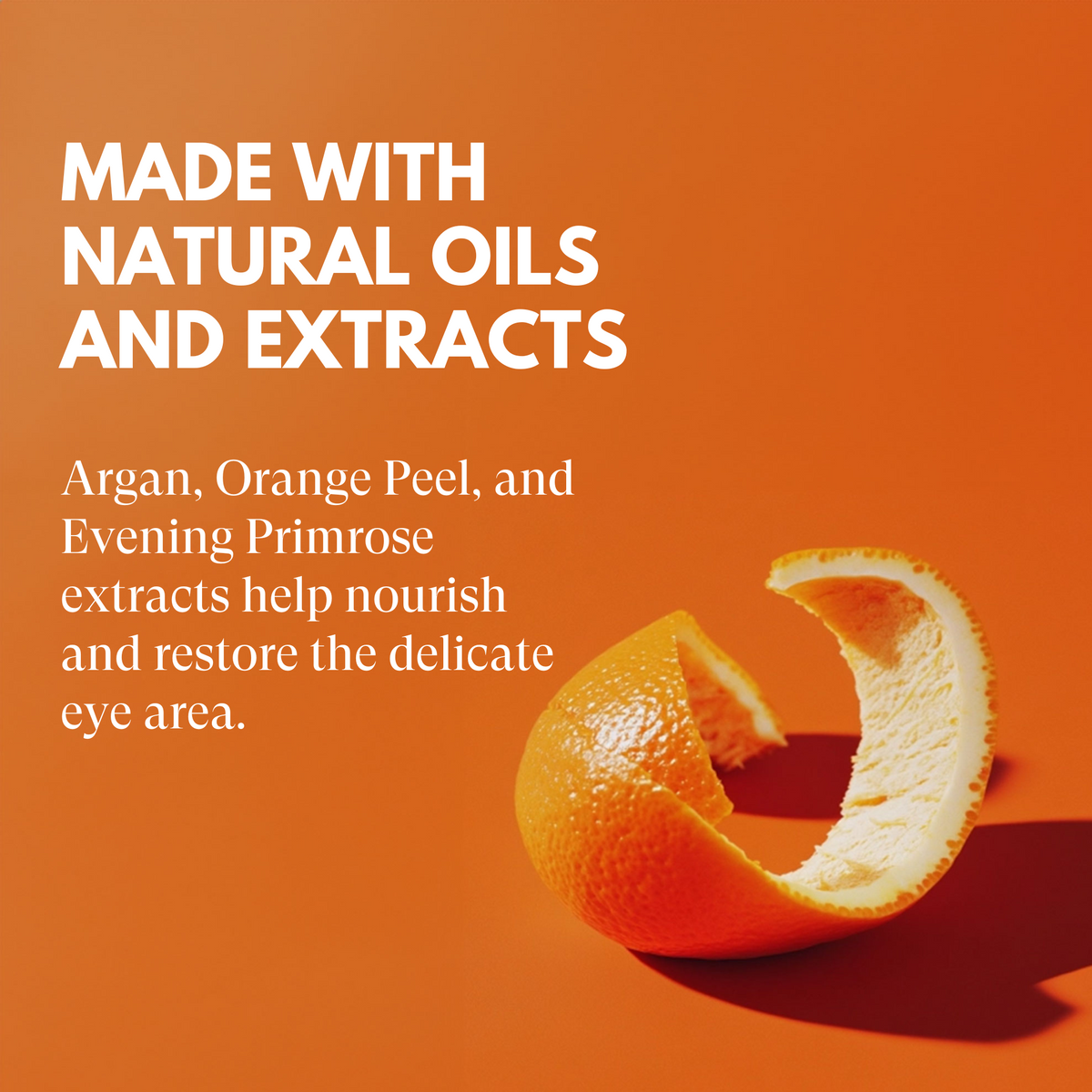 Orange peel with text about natural oils and extracts on an orange background