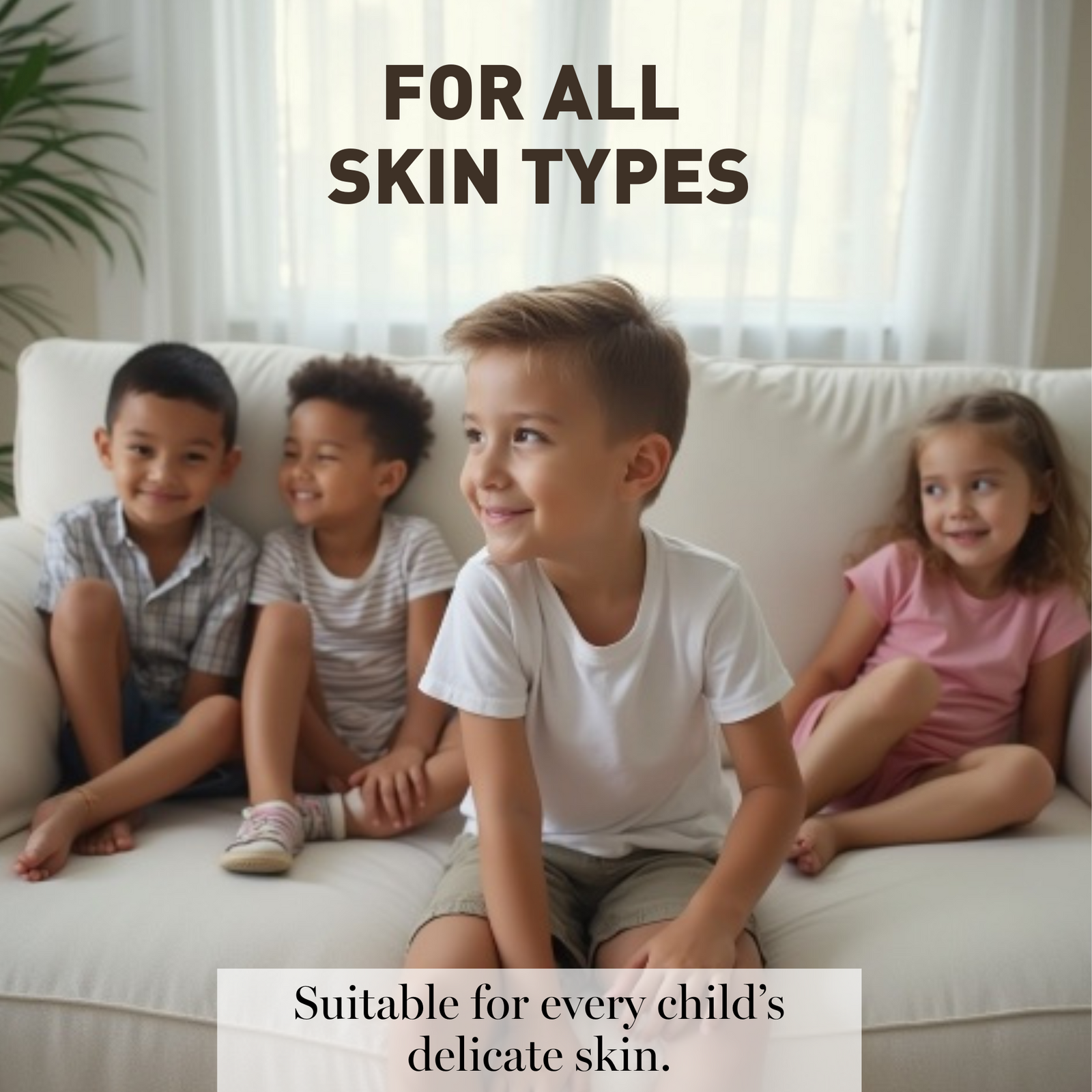 Four children sitting on a couch with text about skin suitability.