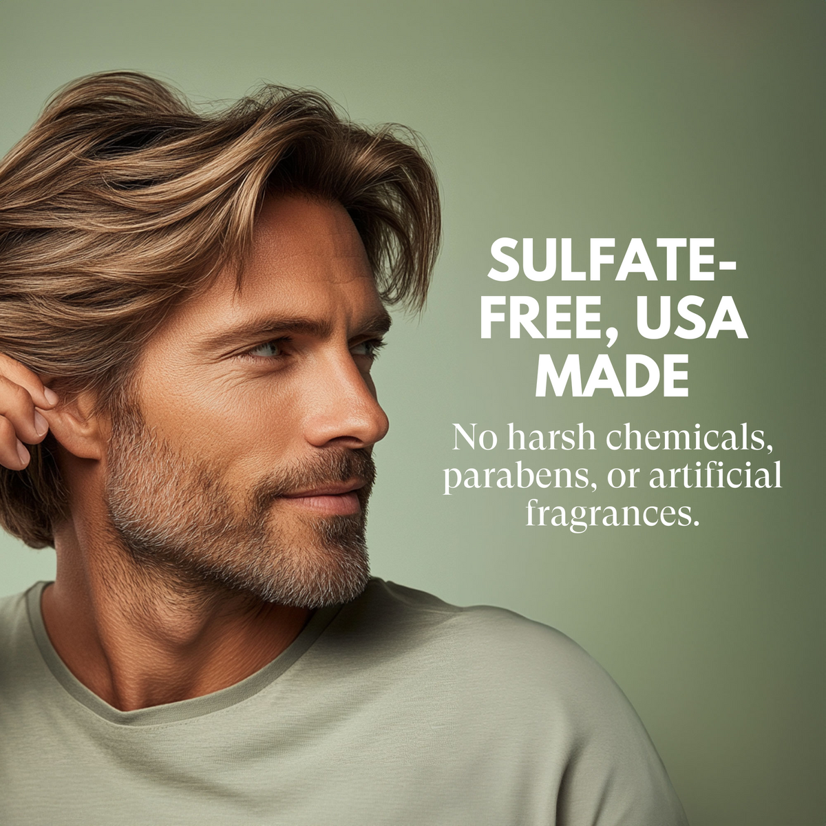 Man with styled hair on a green background with text about sulfate-free and USA-made products.