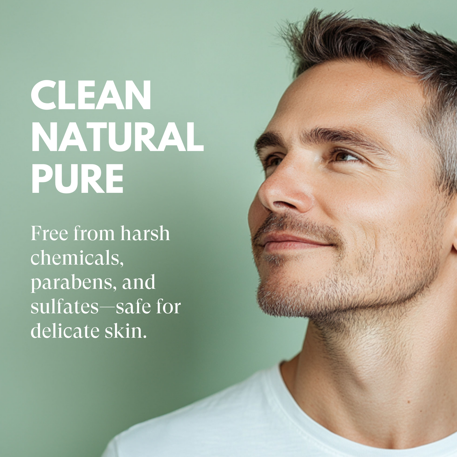 Man with a light green background and text about natural skincare products.