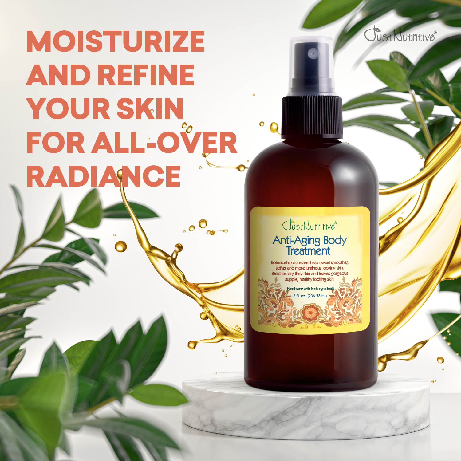 Bottle of 'Gustavine' Anti-Aging Body Treatment with green leaves and gold liquid splash in the background.