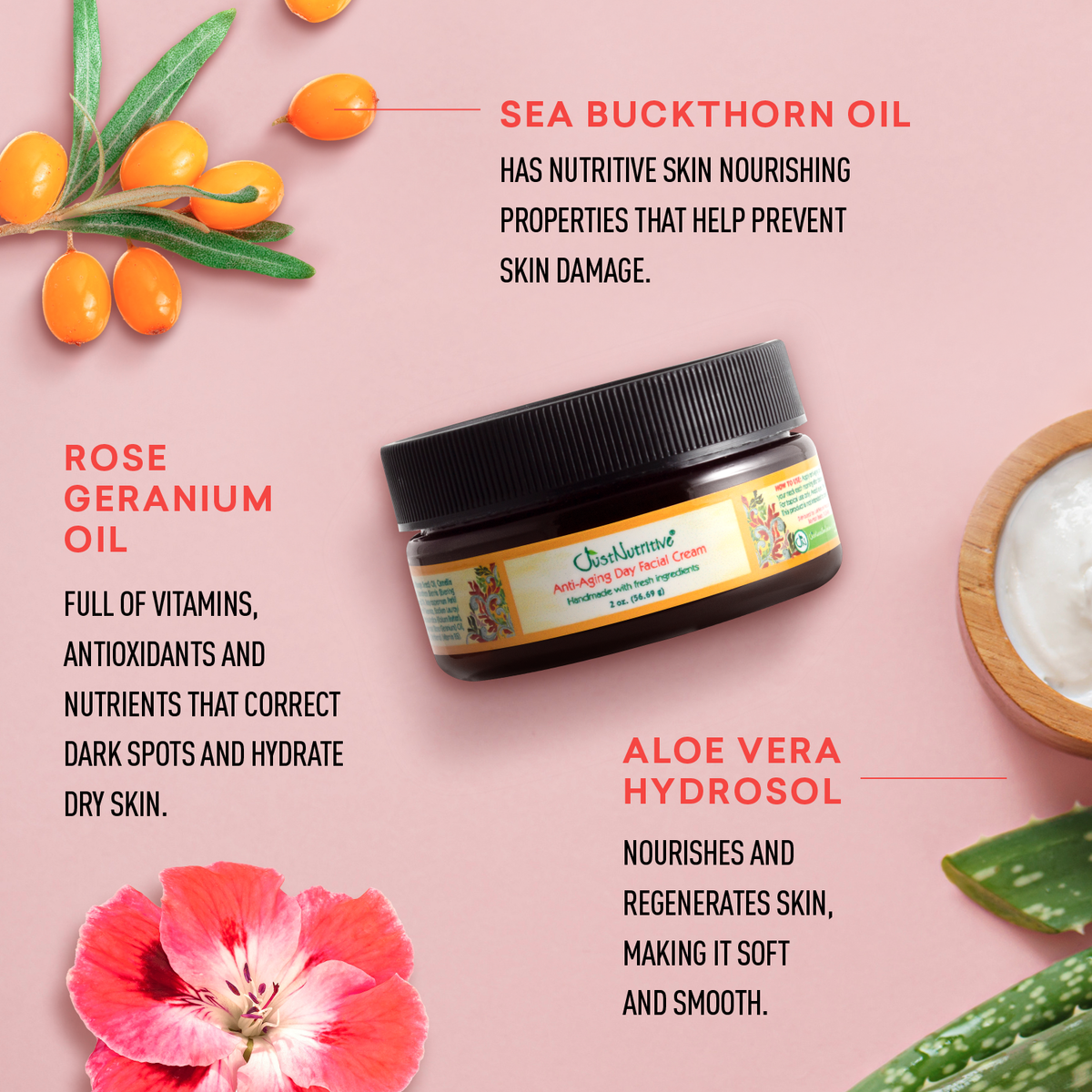 Cosmetic jar with ingredients like sea buckthorn oil, rose geranium oil, and aloe vera hydrosol on a pink background.